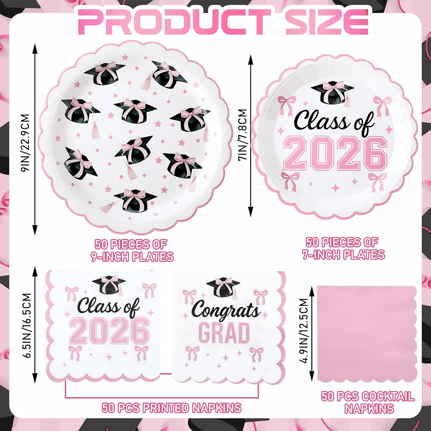 Bokon 200 Pcs Graduation Plates and Napkins Set 2026 Pink Graduation Party Supplies Disposable Pink Scalloped Paper Plates Napkins Decoration Serve 50