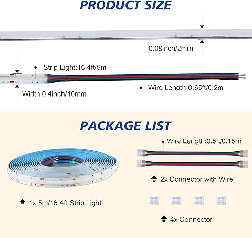 Miniatura 6 de C3 RGB COB - Tira de luz LED flexible de 16.4 pies, DC24V 630LEDs 12WM 0.394 in de ancho, cinta LED regulable para dormitorio, Halloween, Navidad,
