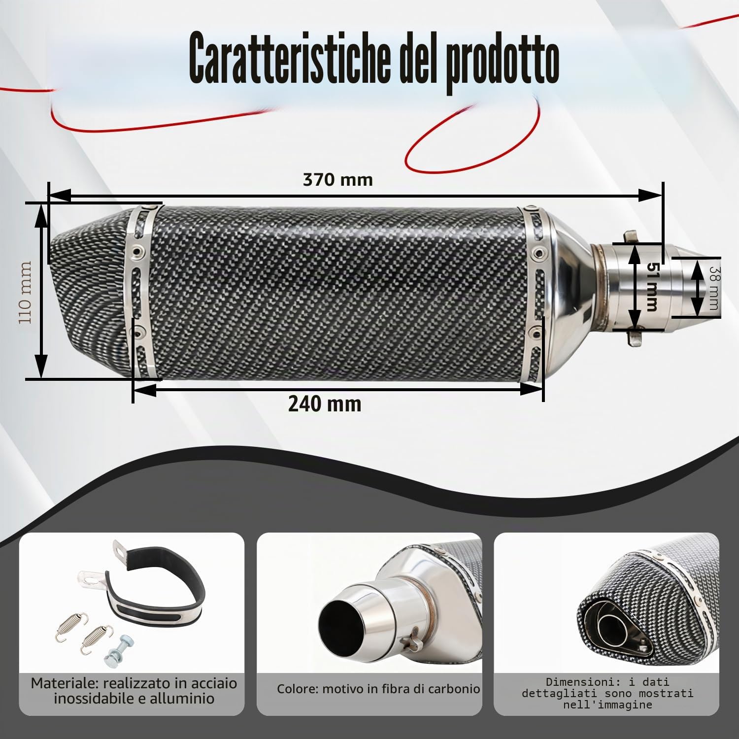 51mm Scarico Moto,Universal 1,5-2 Pollici Di Ingresso Slip On Tubo Di Scarico per Street Bike Moto Scooter