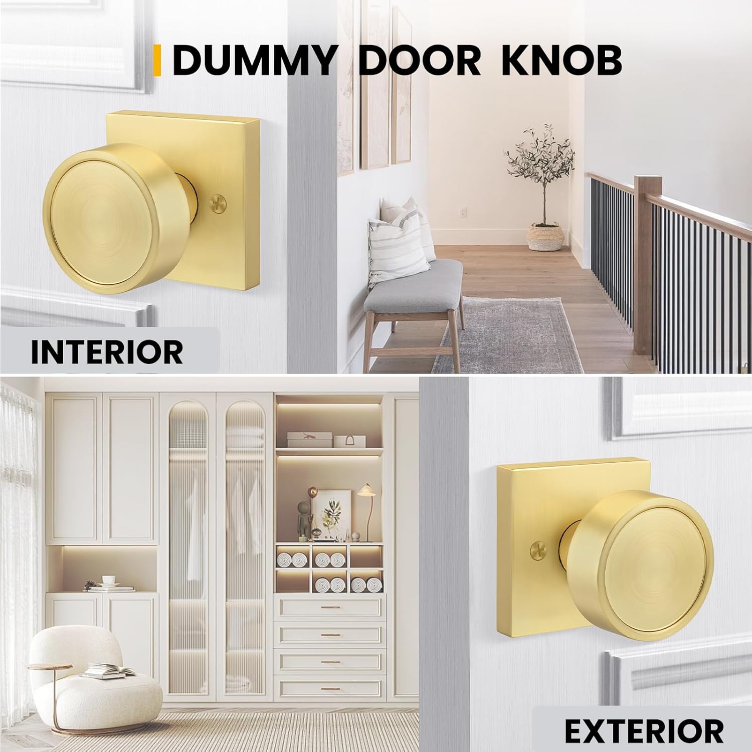 Goldenwarm 3 Pack Gold Door Knobs, Gold Dummy Interior Door Knob, No-Turning Door Dummy Knob for Closet Doors, Zinc-Alloy Heavy Duty