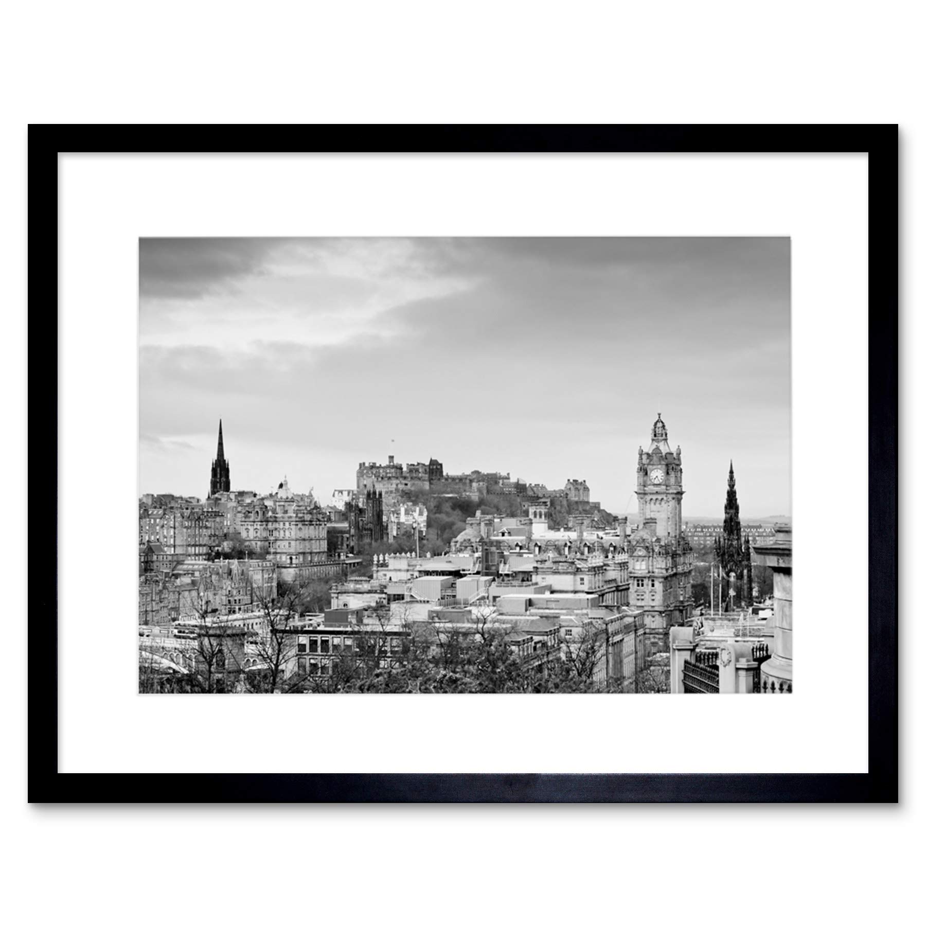Wee Blue Coo Black Photo Cityscape Edinburgh Castle Rooftops White Framed Wall Art Print