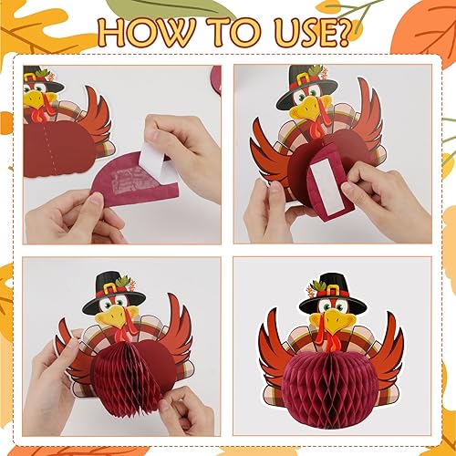 Miniatura 6 de Konsait 6 centros de mesa de Acción de Gracias, decoración de papel de Acción de Gracias, pavo 3D, calabaza, panal, Acción de Gracias, cosecha de