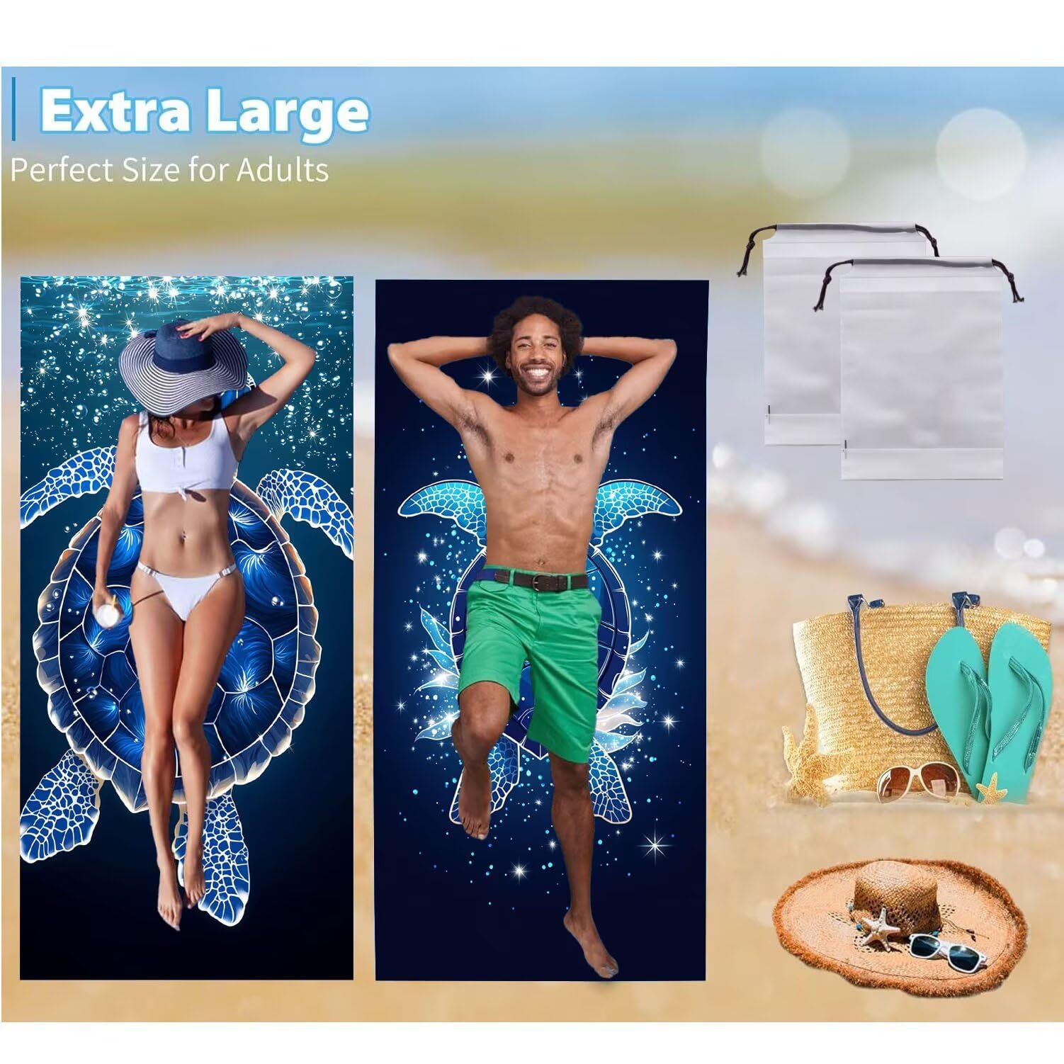 Ręcznik plażowy 90 x 200 cm, zestaw 2 dużych ręczników z mikrofibry szybkoschnący, chłonny, kompaktowy, ręcznik kąpielowy bez piasku letni koc plażowy damski na prezent (żółw morski ocean) H-327