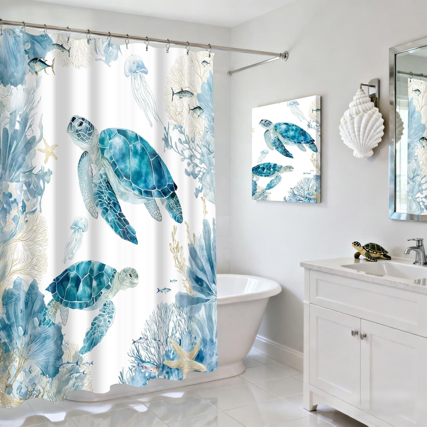 Sea Turtle Shower Curtain for Bathroom, Ocean Themed, Blue, 72x72In