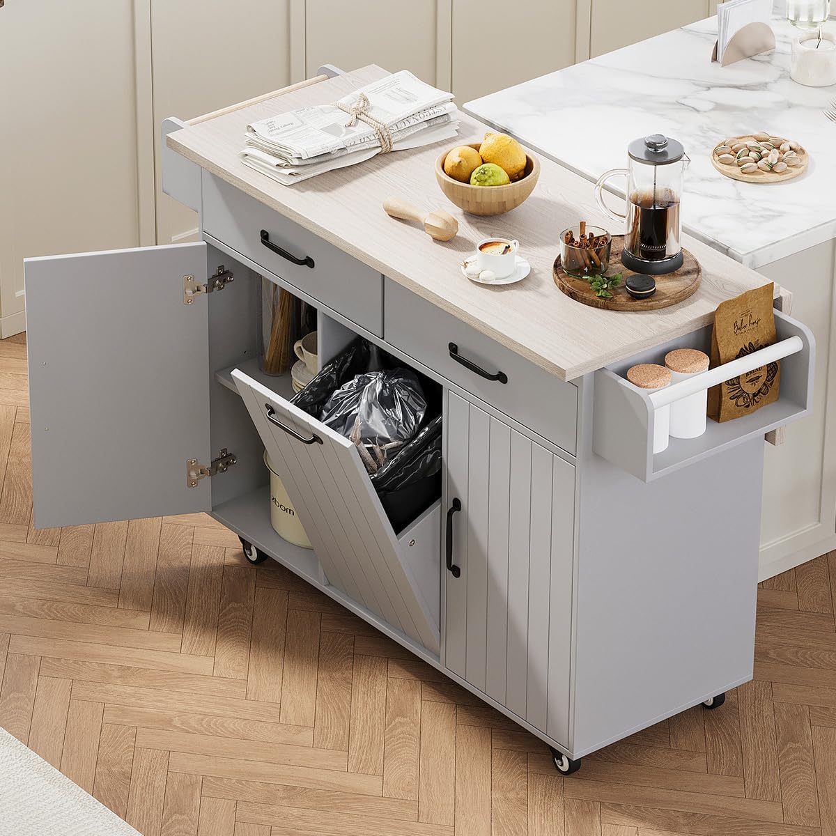 51" Width Rolling Kitchen Island with Trash Can Storage, Kitchen Island Cart with Drop Leaf Countertop, Island Table on Wheels with Two Drawers (White)