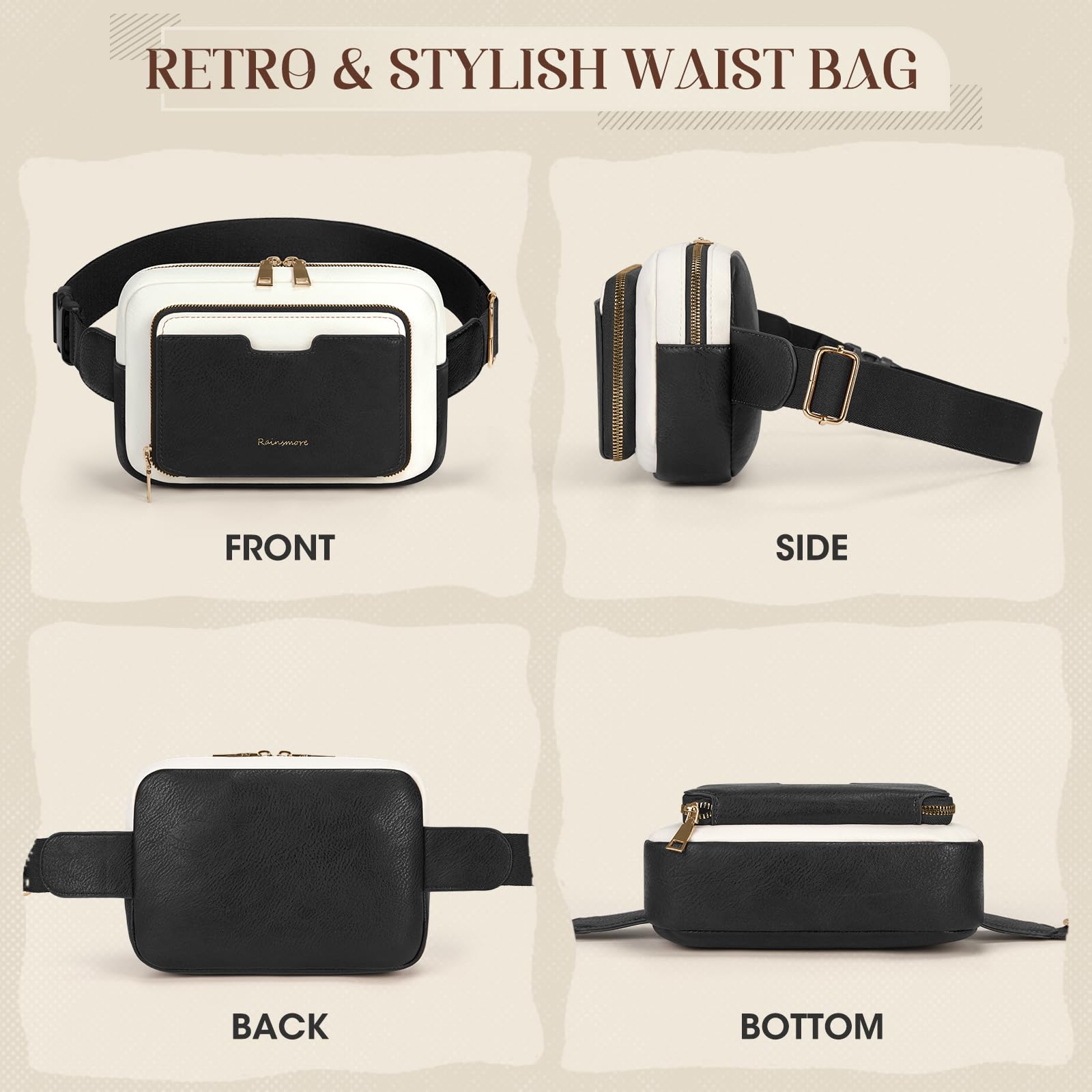 RAINSMORE Marsupio da donna, borsa da cintura vintage in pelle, Nero con bianco., Medium