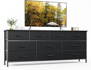 VERMESS Dresser for Bedroom, Chest of Drawers, TV Stand Dresser for 65, 70 Inch TV, Entertainment Center with 10 Fabric Drawers & Wooden Top, TV Media Console Table for Living Room, Hallway, Black