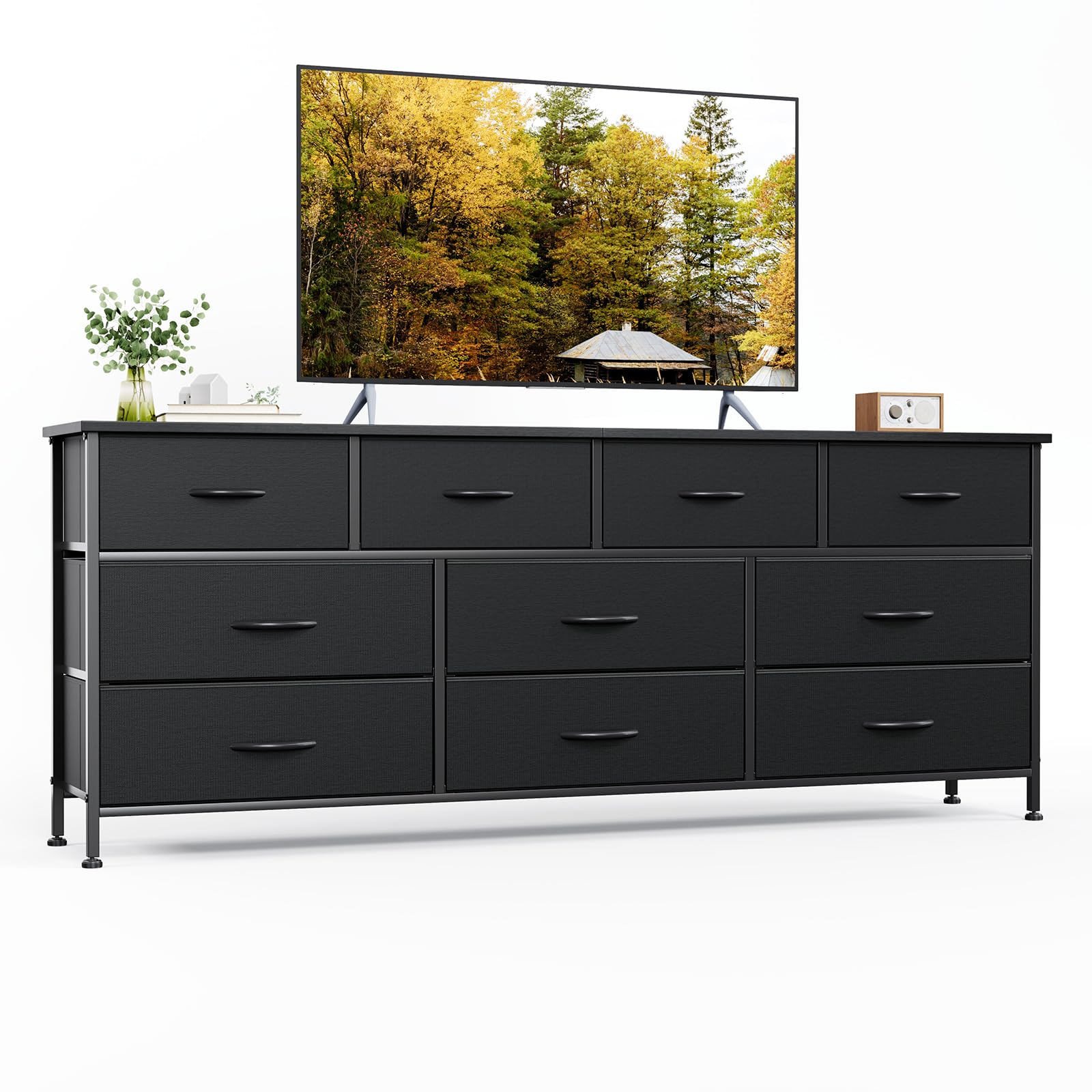 VERMESS Bedroom Dresser & Chests of Drawers with 10 Fabric Drawers, TV Stand Cabinet Unit for 65", 70" TV, Dresser Storage Organizer, Entertainment Center, TV Console Table for Living Room, Black