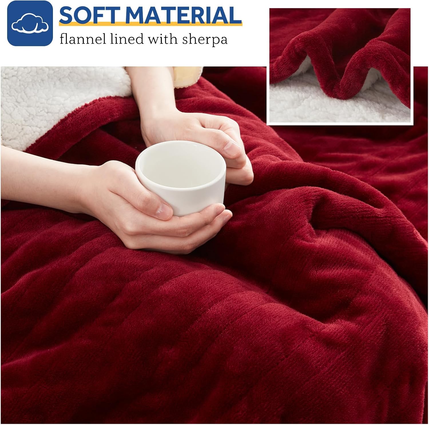 SEALY Heated Throw Blanket, Flannel & Sherpa Cozy Soft Electric Throw with 6 Heat Settings & 2-10 Hours Auto Shut Off, Machine Washable, 50x60 Inch, Burgundy - Image 5