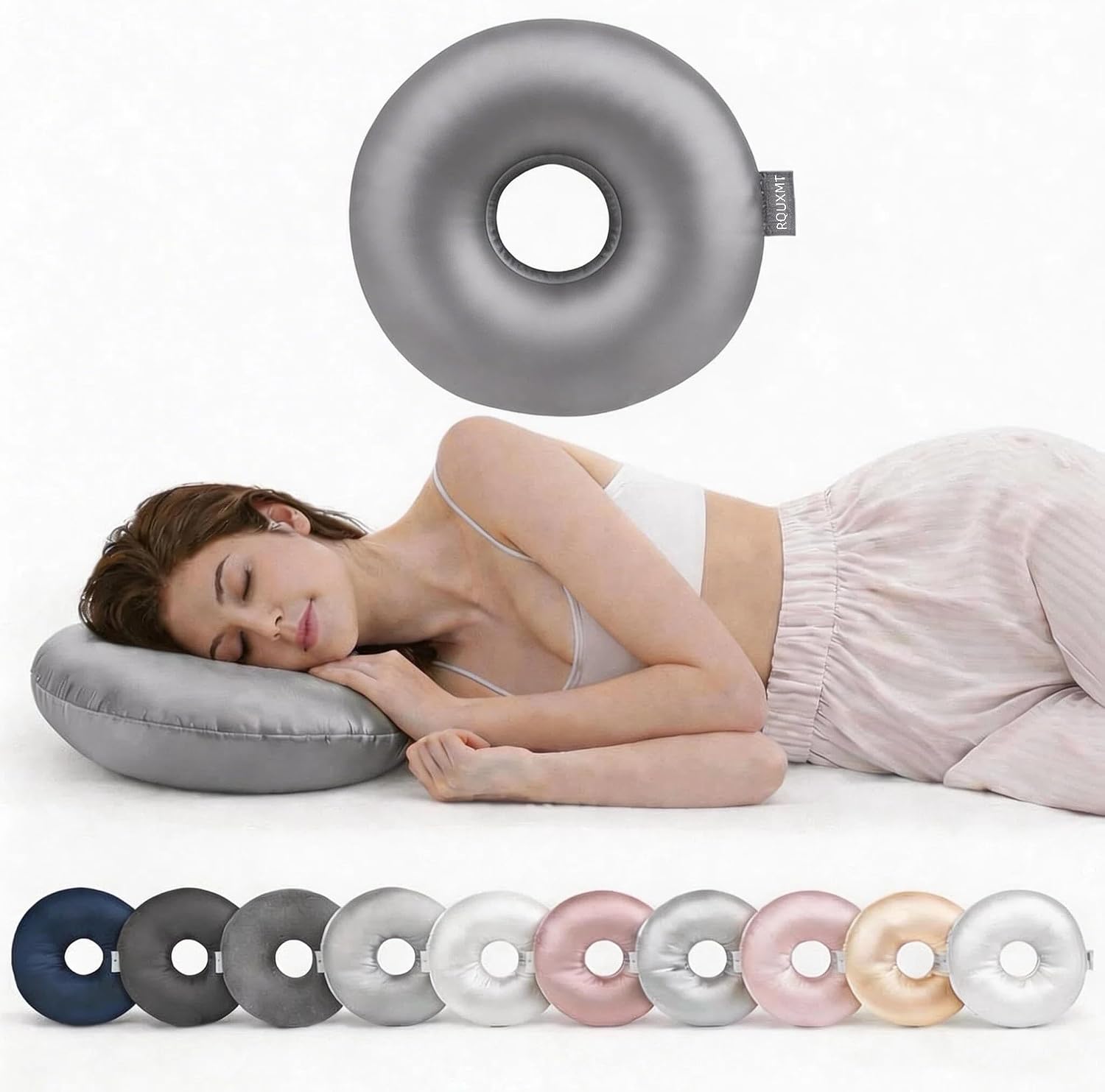 RQUXMT Piercing Pillow for Side Sleepers with an Ear Hole, Donut Pillow for Ear Pain CNH | Pain Relief Sleeping | Pressure Sore | Satin Washable and Adjustable Ear Protector (Large-Gray)