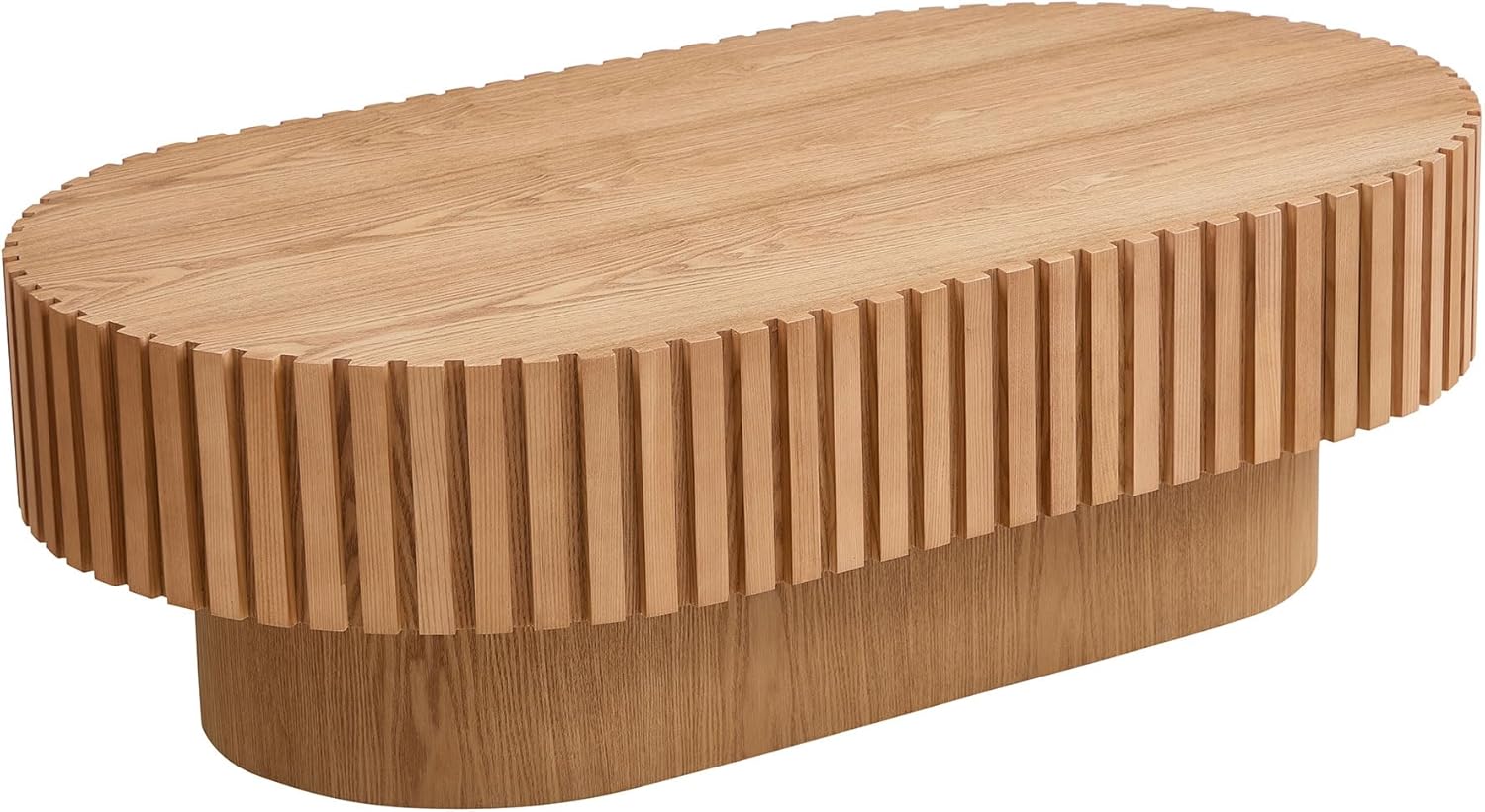 43.7" Oval Coffee Table, Handcraft Fluted Drum Coffee Table with Solid Wood Veneer & Sturdy Pedestal, Luxury Oval Center Cocktail Tea Table, Mid Century Modern Coffee Table for Living Room, Natural
