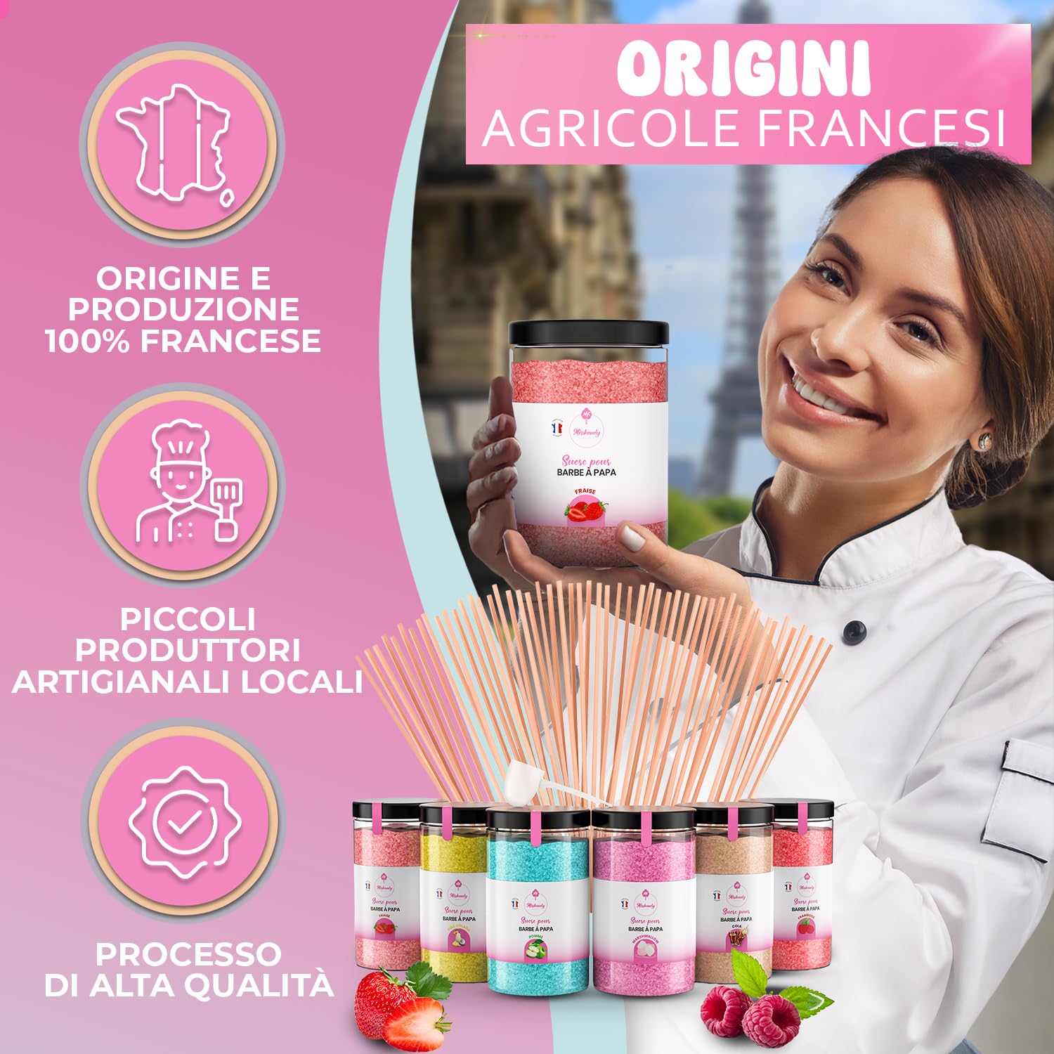 Misskandy, zucchero filato per macchina/lotto da 1,8 kg (6 * 300g) / aromi: fragola, pina colada, marshmallow, mela, cola, lampone + 50 bastoncini di (30 cm)
