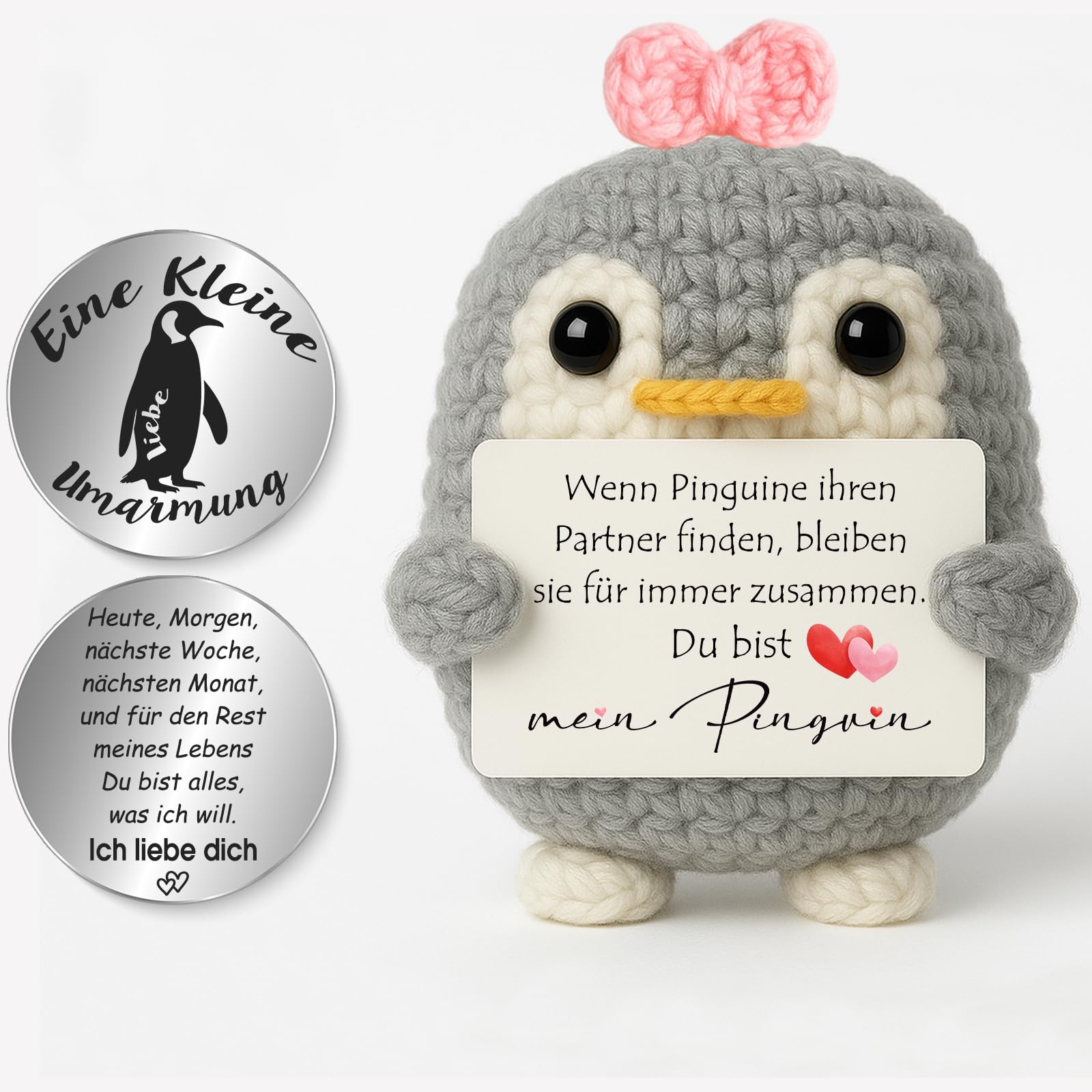 Tixlux Pocket Hug Fröhlicher Pinguin, Kreative Strickwolle Pinguin Dekofigur und Kleine Umarmung Glücksbringer, MutmacherGeschenk, Gute Besserung Geschenk, Weihnachten