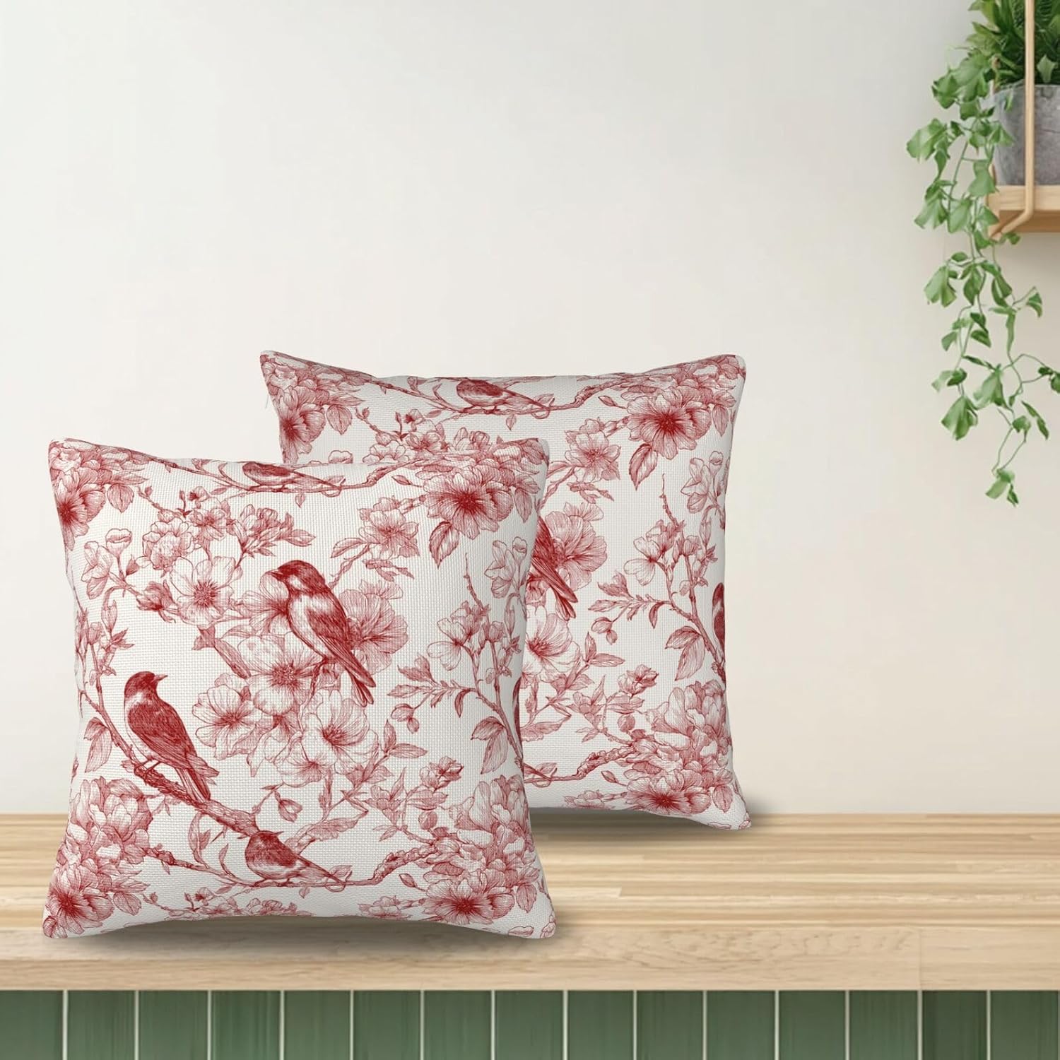 KiuLoam Vintage Toile Red Floral Pillow Covers 24x24 Inch Set of 2 Rustic Ink Line Flowers and Birds Decorative Throw Pillows Outdoor Neutral Farmhouse Cushion Cases for Sofa Couch Bed Decor