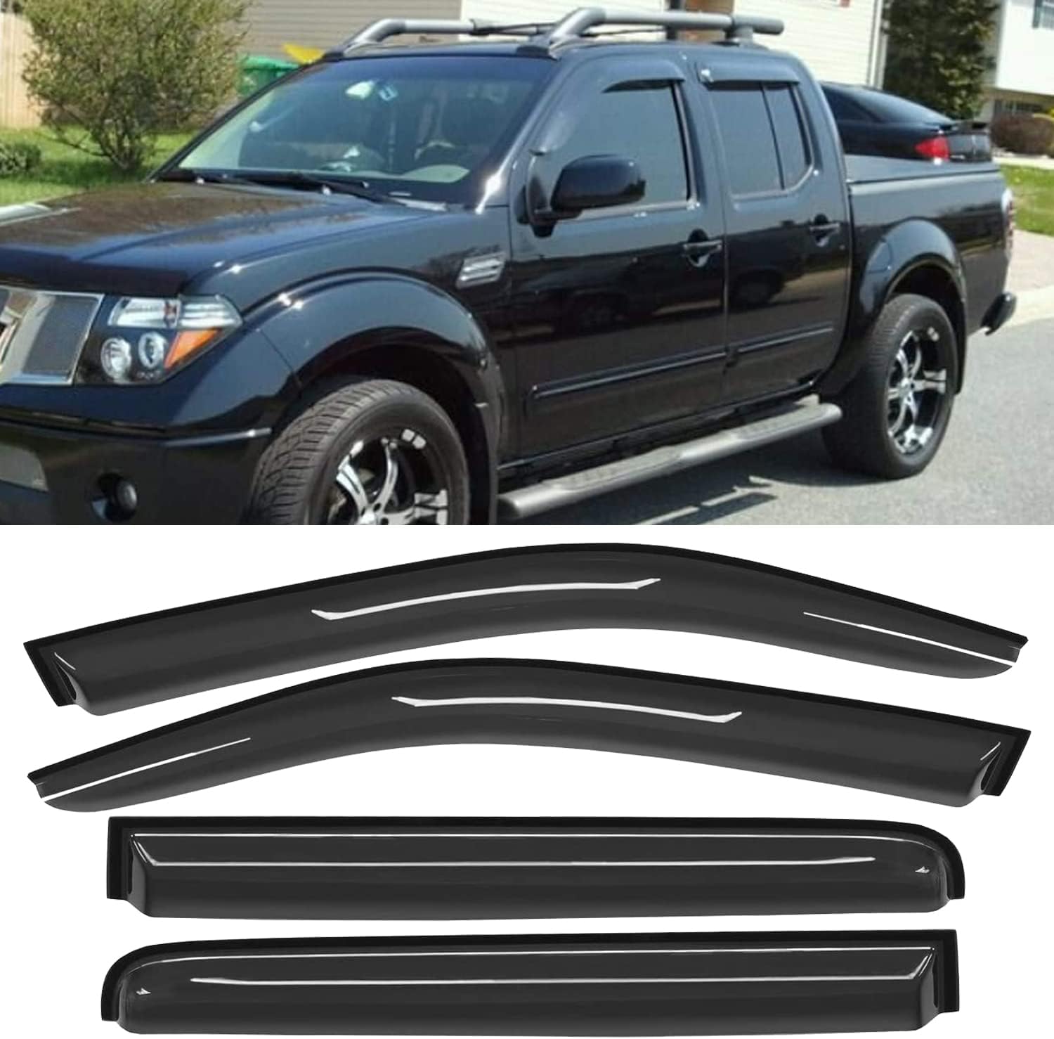 Set of 4pcs Compatible with 05-18 Frontier Crew Cab with 4 Full Size Doors Front+Rear Smoke Sun/Rain Guard Outside Mount Tape-On Window Visors