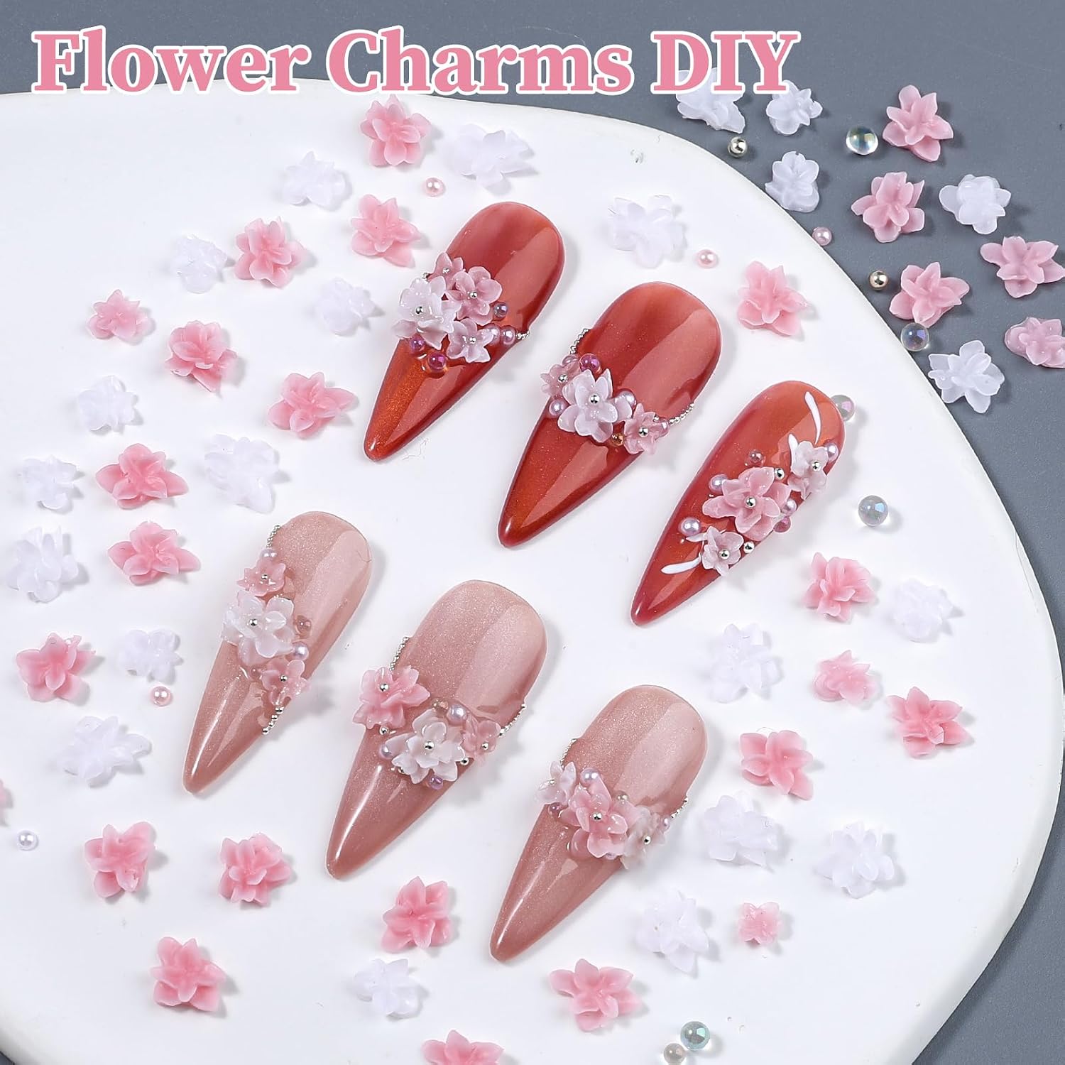 3D Soft Flower Nail Charms with Tiny Pearls, Pink White Floral Charms and Silver Caviar Beads, Iridescent Bubble Beads Flatback Pearls for Nails Art Design Manicure DIY Supplies