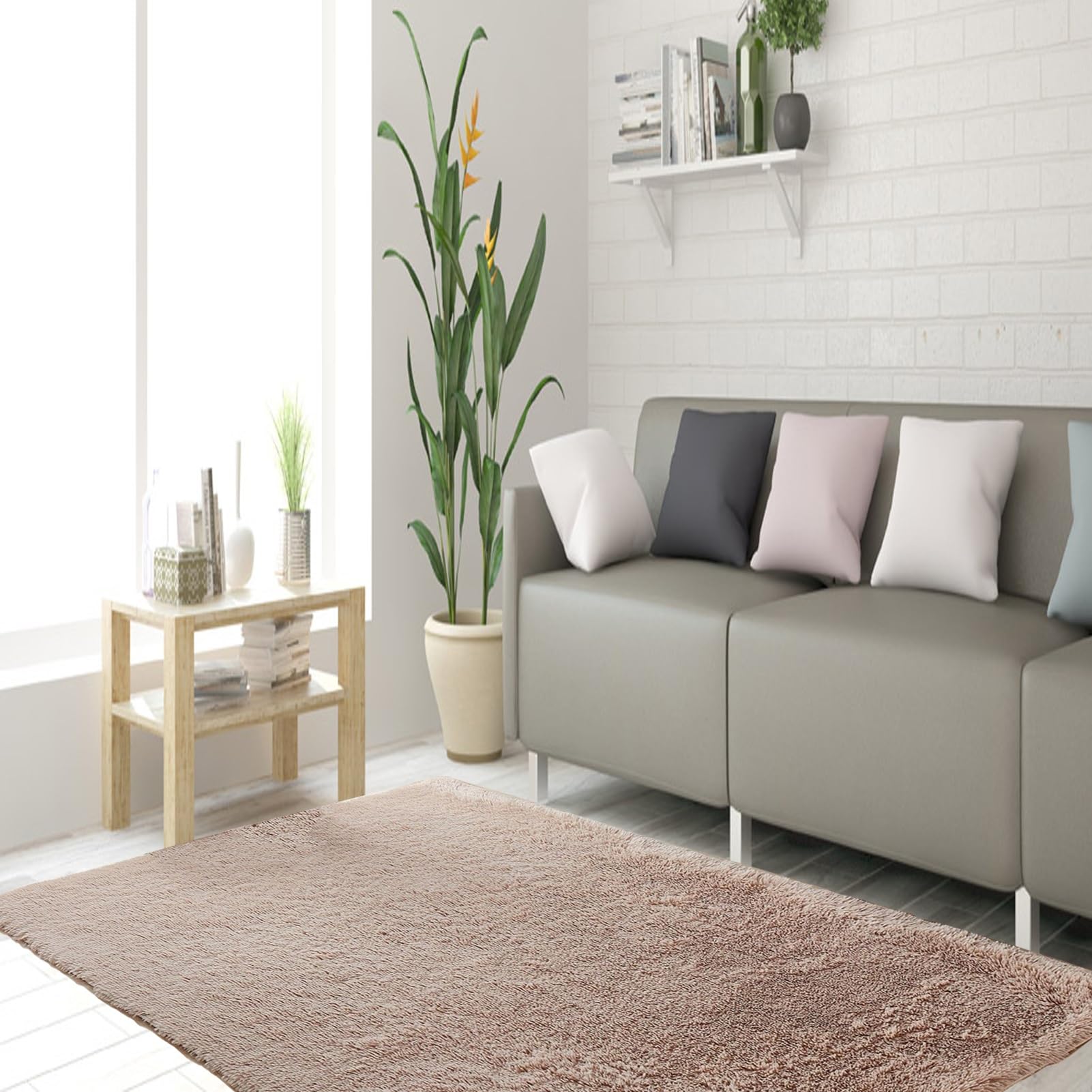 Alfombra de Pelo Largo 150 x 200 cm Lavable Antideslizante Alfombra Salon Peludo de Pelo Esponjoso para Comedor, Dormitorio, Pasillo y Habitación Juvenil, Beige