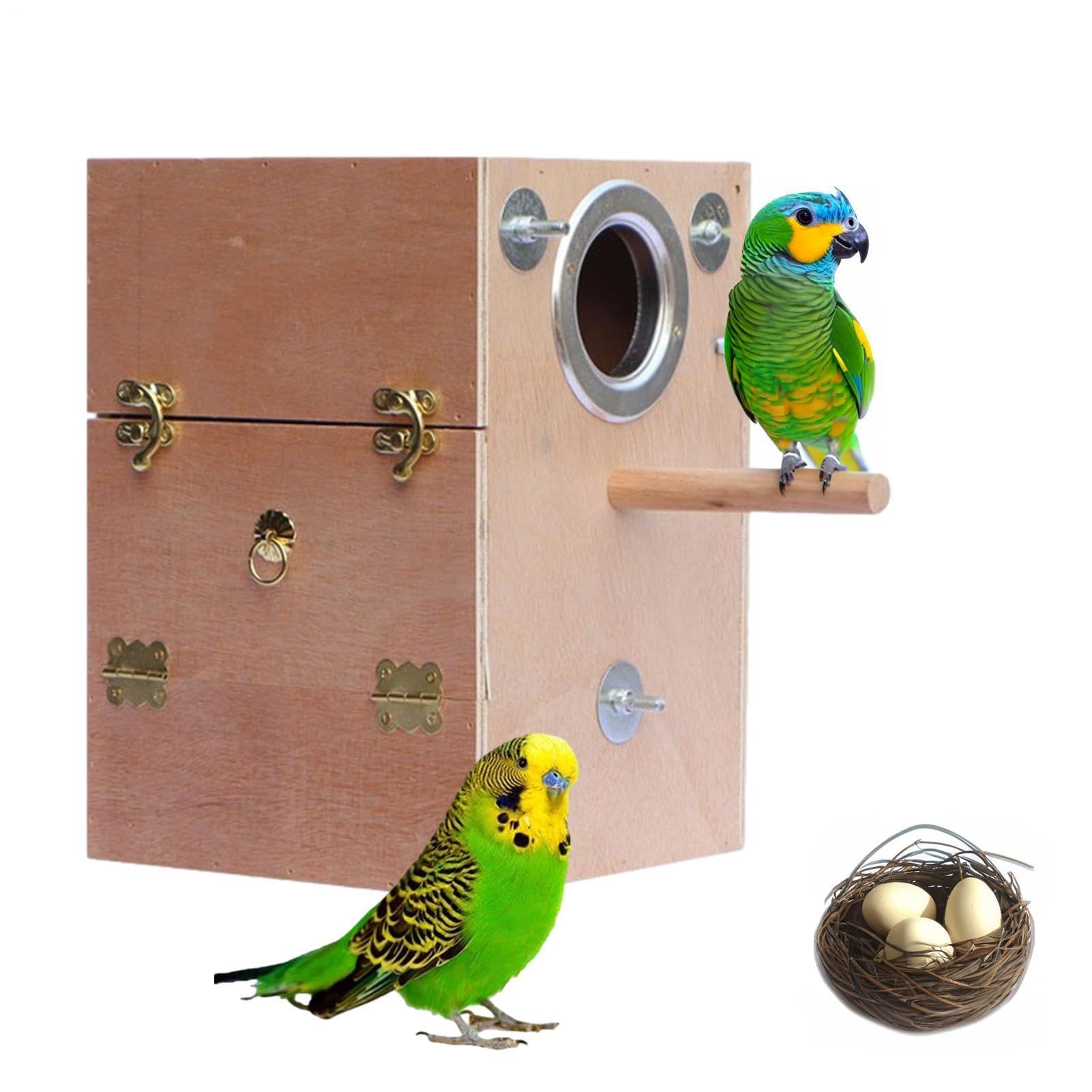 Caja nido para periquitos, caja de cría de aves de madera natural con perca, ideal para tortolitos, cacatúas, palomas y loros