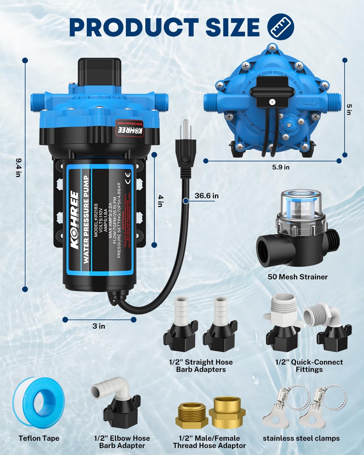 Kohree 7 GPM 70 PSI 110V AC Water Pressure Pump, On Demand Self-priming RV Fresh Water Pump, 5-Chamber Diaphragm Pump with Pressure Switch and Strainer for RV, Marine, Garden, Kitchen, Bathroom