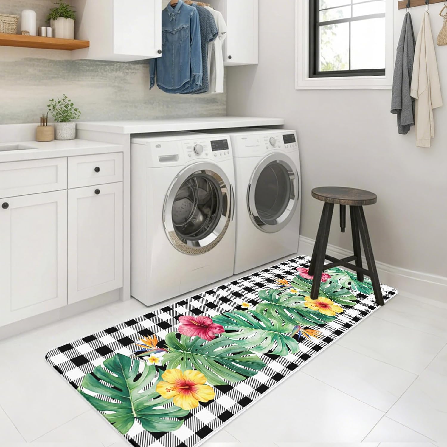 Green Monstera Leaf Kitchen Mats Set of 2 Yellow Flower Summer Tropical Plant Black Plaid Non Slip Mat Washable Floor Rug for Kitchen Sink Floor Laundry, 15.7"x23.6"+15.7"x47.2"