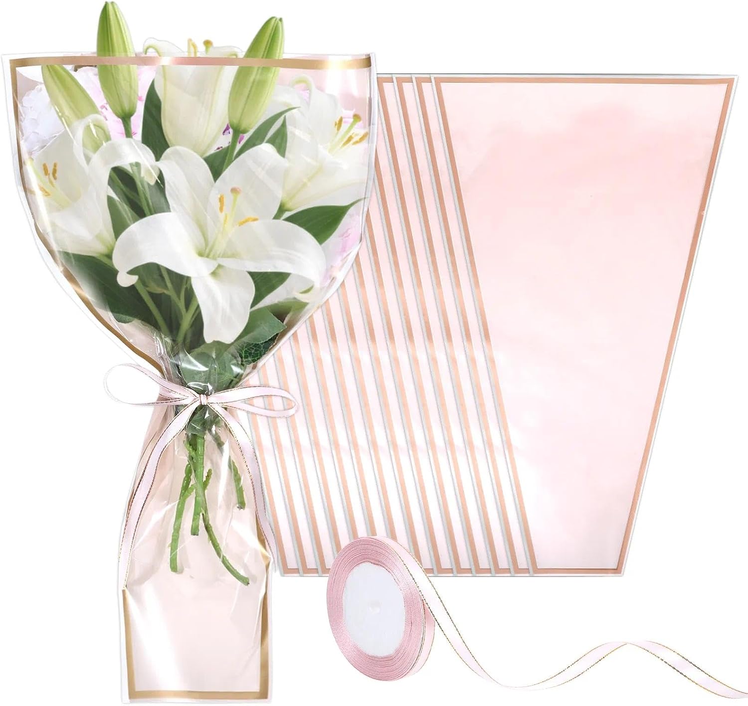 50 PCS Flower Bags for Bouquets Wrap, 17.1 x 11 x 3.5 in Clear Plastic Flower Sleeves for Bouquet, Gold Border Ribbon Floral Wrap Supplies, Gifts on Graduation Wedding Floral Bar Display (Pink)