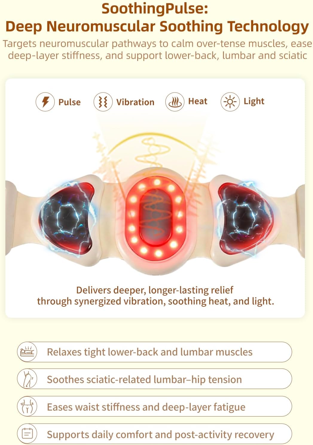 4-in-1 Smart Lower Back Massager with Heat, Pulse, Vibration & Light – Wearable Waist, Lumbar & Sciatica Pain Relief Devices for Long Sitting, Muscle Relief & Postpartum Support Beige - Image 3