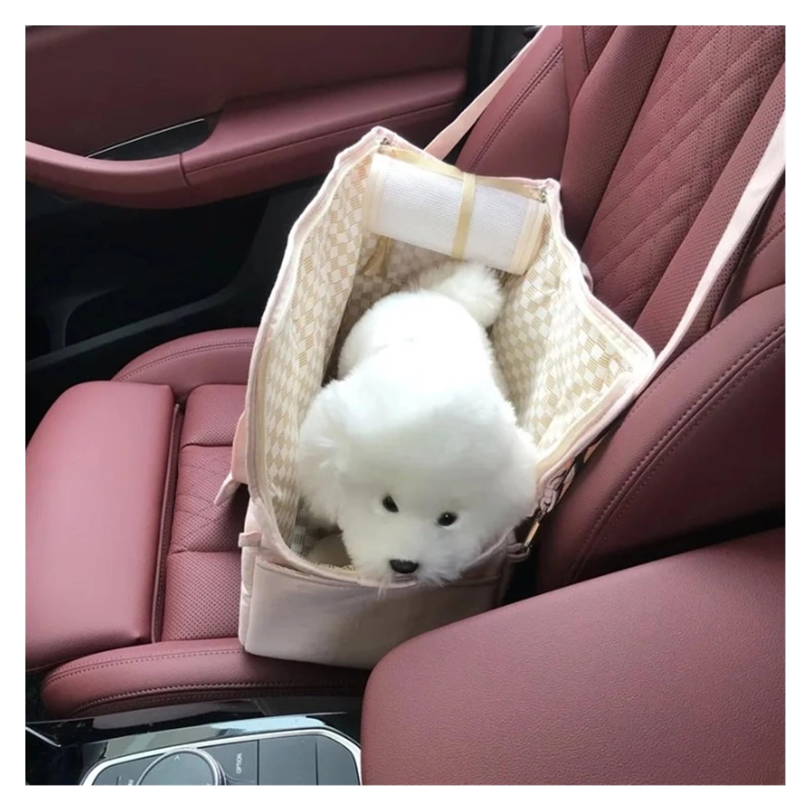 Bolsa portátil de lona para perros, bolsa de hombro para mascotas, gato, asiento de coche, cama, cinturón de seguridad, suministros para perros chihuahua (S8601 beige)