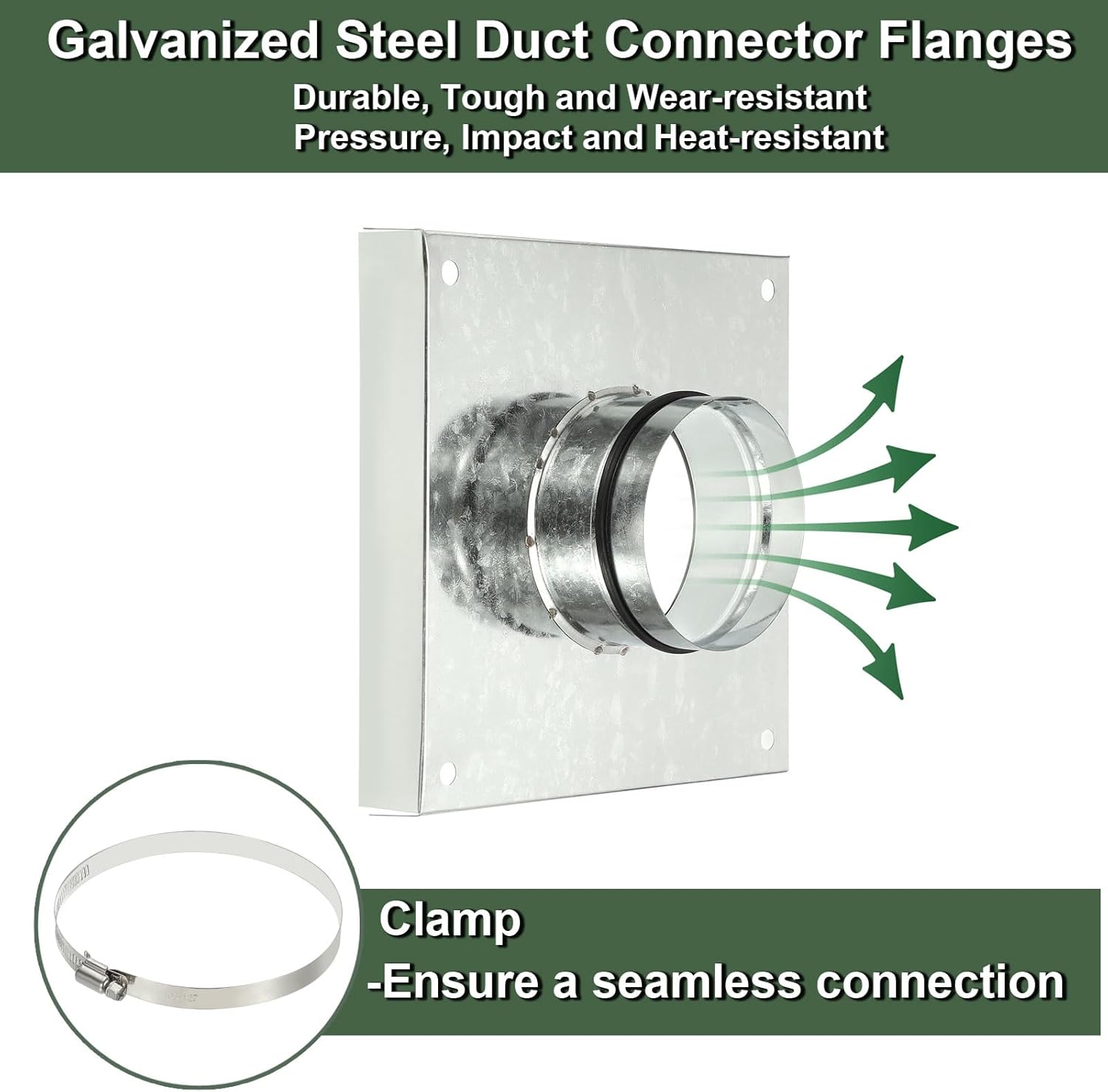 YOKIVE Duct Connector Flange, Galvanized Steel Air Ducting Mounting Plate with Rubber Gasket Hose Clamp, Great for Heating Cooling Ventilation HVAC Exhaust Fan System(8 Inch,Silver Tone)