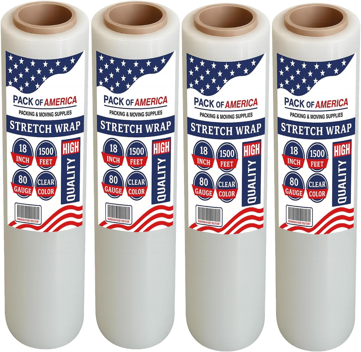 Pack of America Stretch Film - 4 Roll Clear, 18” x 1500 Feet, 80 Gauge (20 Micron) Industrial Heavy Duty Plastic Shrink Wrap and Dispenser for Packing, Shipping, Pallet, Moving Supplies