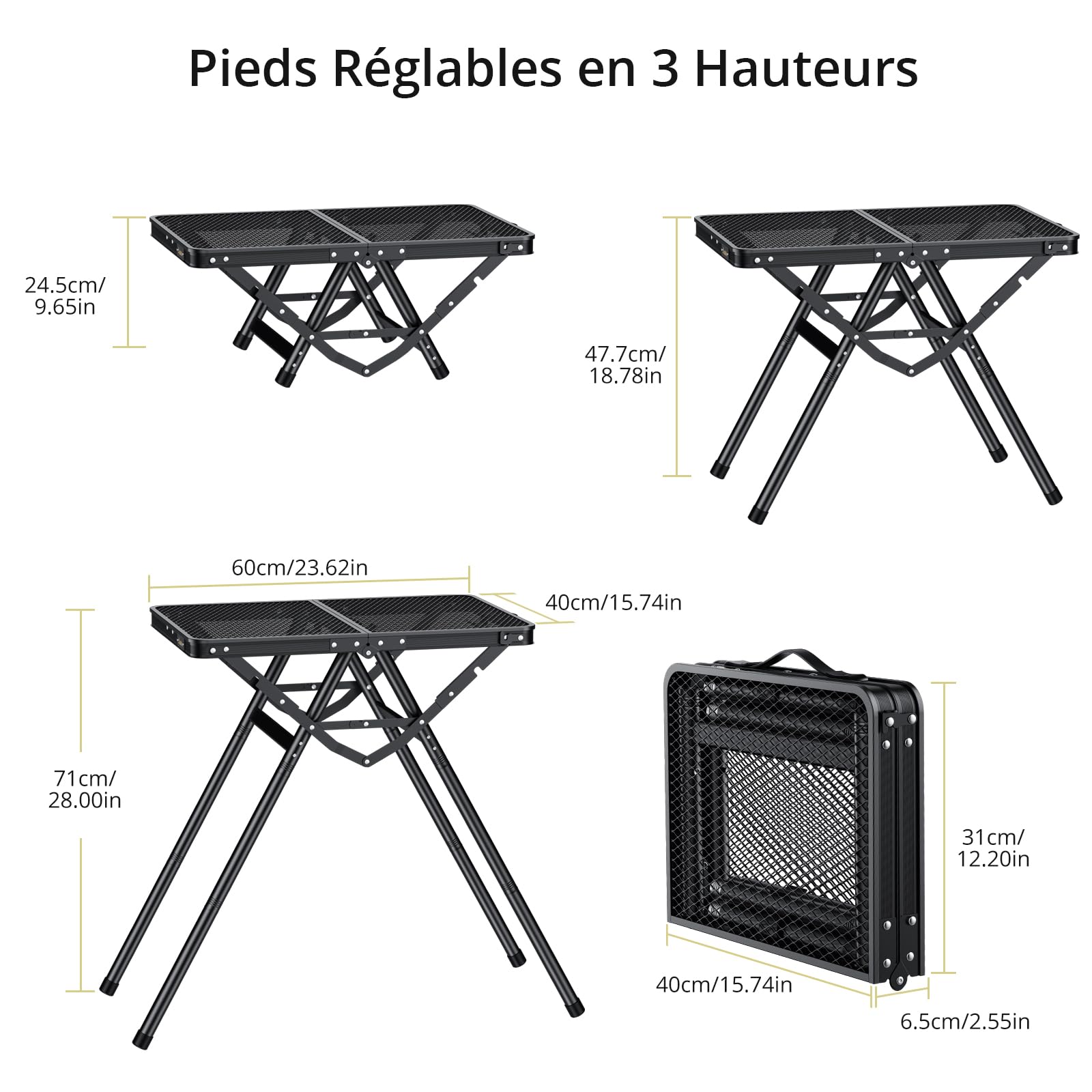Anbte Table de Camping Pliable avec Hauteur Réglable, Supporte 82 kg, Ultra-Légère et Portable, Plateau Résistant à la Chaleur, Parfaite pour Jardin BBQ et Pique-Nique, 60x40cm