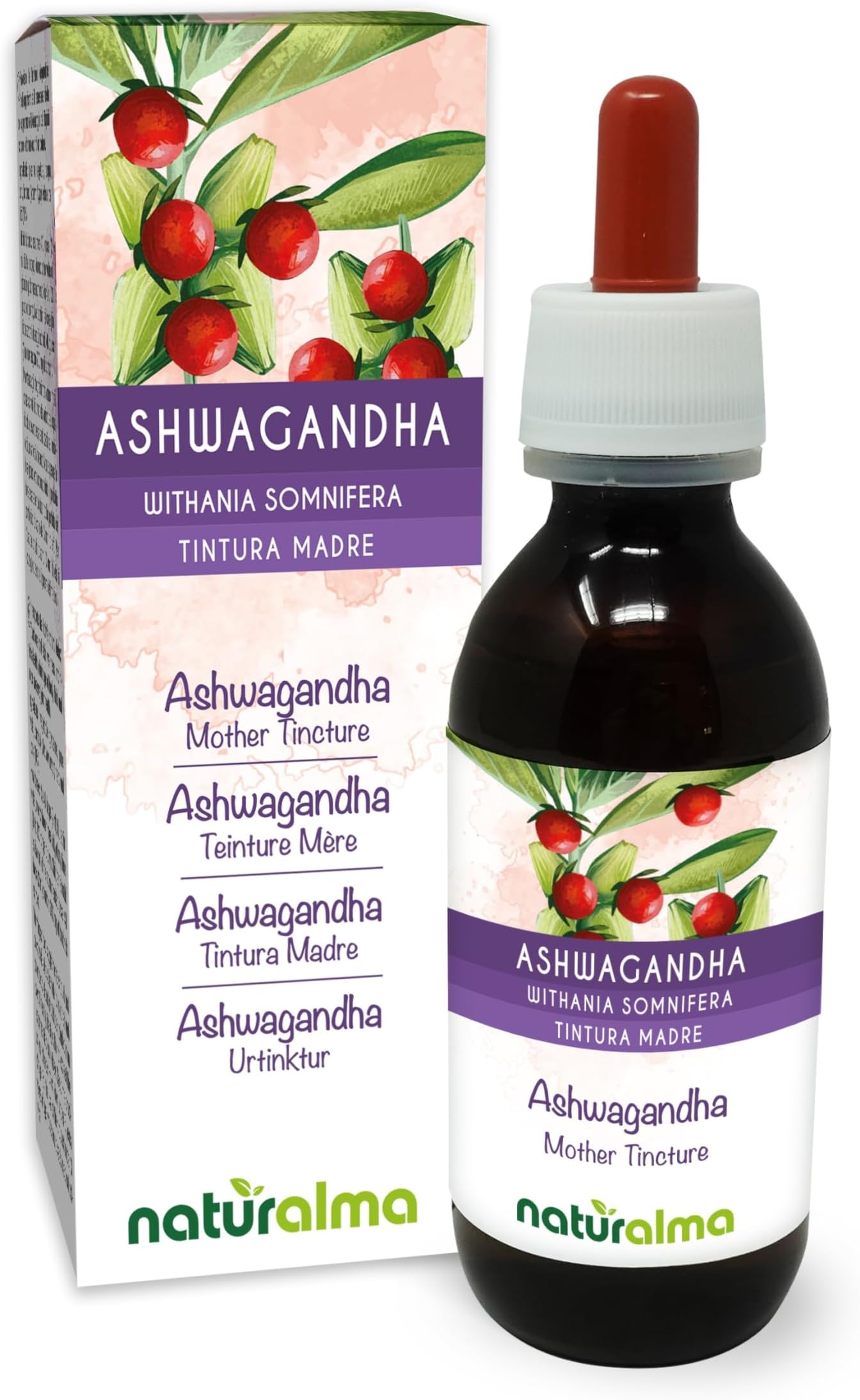 Ashwagandha or Indian Ginseng (Withania somnifera) Roots Alcohol-Free Mother Tincture Naturalma - Liquid Extract Drops 120 ml - Food Supplement - Vegan