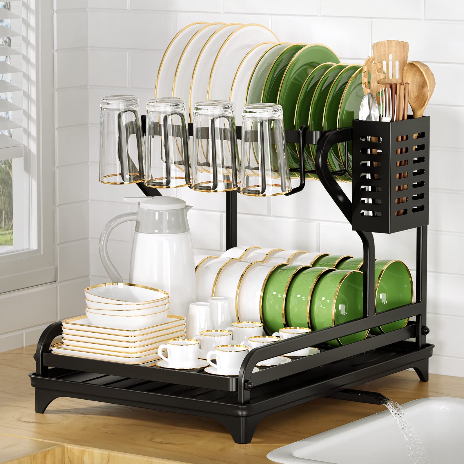 Scolapiatti A 2 Livelli Sopra Lavello - 82 Cm, Acciaio Carbonio Nero, Con Porta Utensili, Tagliere E Blocco Coltelli