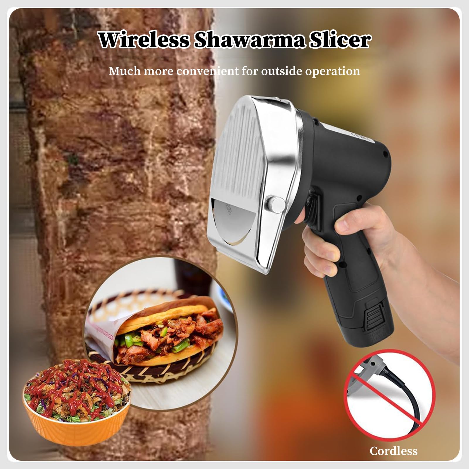 Cuchillo Eléctrico para Kebab, 80W Cordless Battery Professional Turkish Knife, Máquina Cortadora de Shawarma Doner Giroscópica Turca, para Restaurante 100T