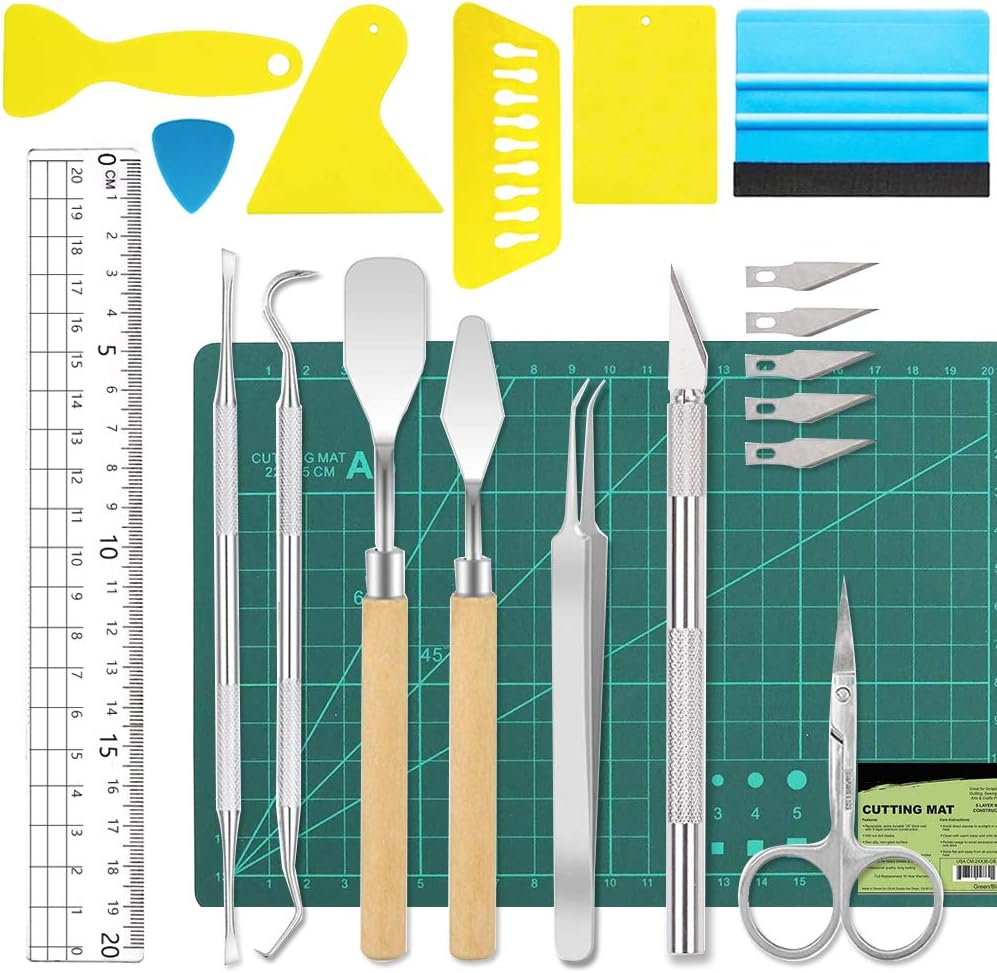 ImnBest 19 Pieces Vinyl Weeding Tools Stainless Steel Plotter Accessories HTV + 1 Piece A5 Cutting mat, DIY Craft Tool Set, Cameos, Lettering, Including Weeding Hooks, Tweezers