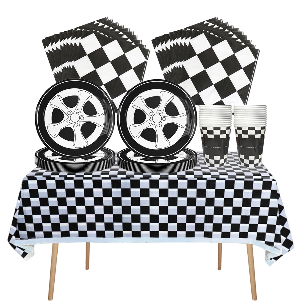 Auto da corsa Stoviglie per feste, 61 pezzi Tyre Stoviglie per compleanni per bambini, Tema delle corse Set di piatti di carta per feste, Compresi bicchieri, tovaglioli e tovaglie