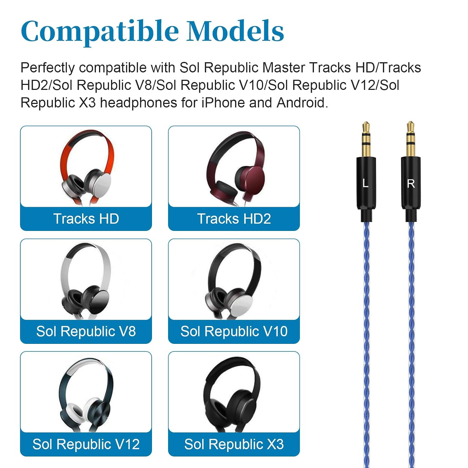 Sol Republic Cable Compatible with Sol Republic Master Tracks HD, HD2, Sol Republic V8, V10, V12, X3 Headphone, Sol Republic Replacement Cable for iPhone, Android Phone, 3.9ft