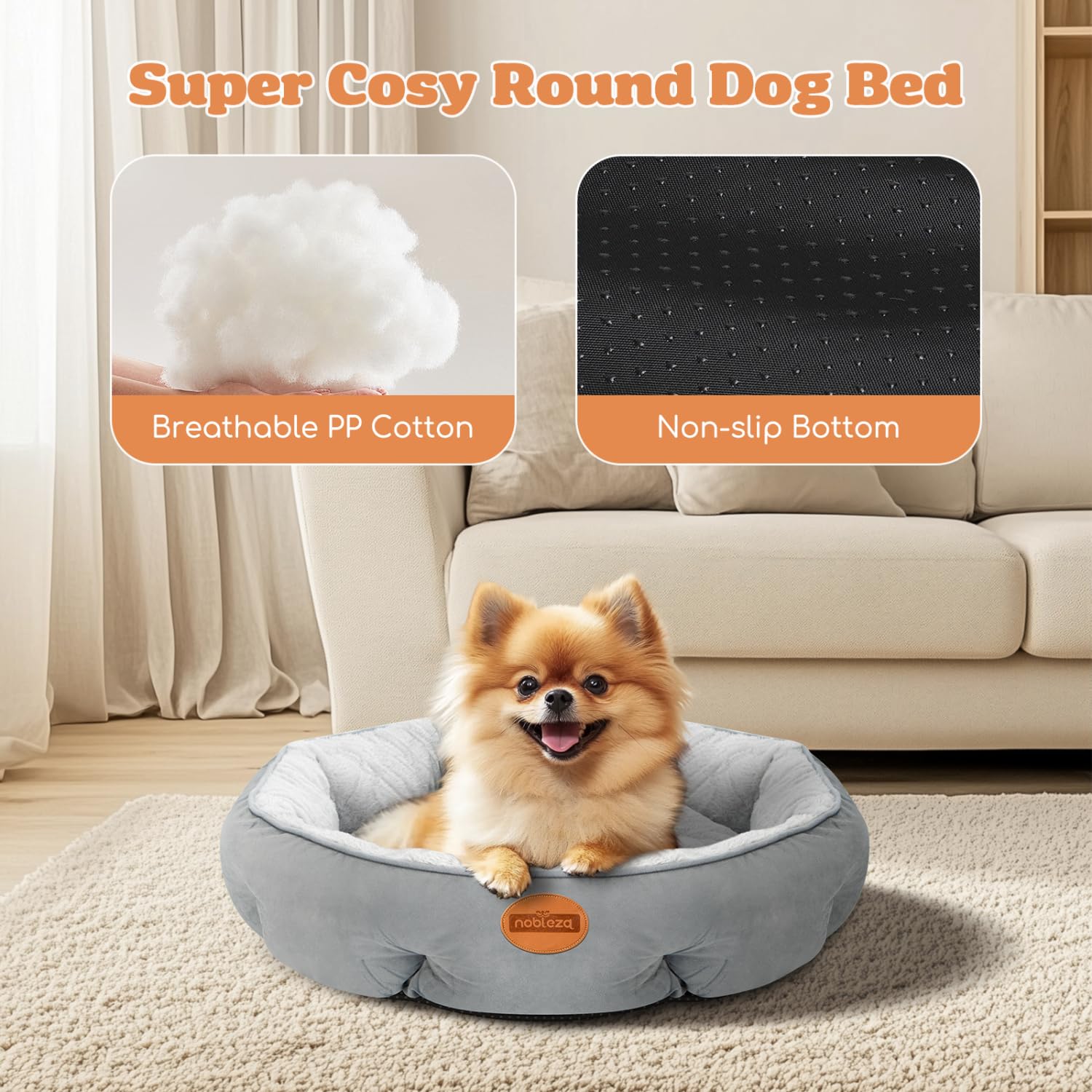 Nobleza Cama para Perros Pequeños, Cama Lavable para Mascotas, Sofá Redonda de Perros y Gatos Antideslizantes y Antiestres, Felpa Suave y Mullida, Bordes Elevados, Gris, Ø80 x 18 cm