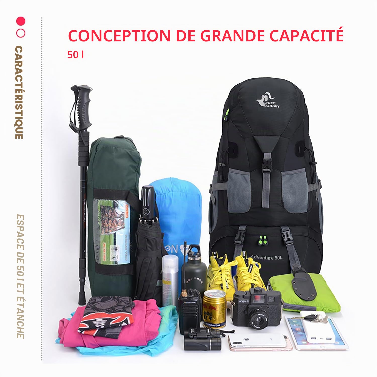 Bseash Sac à dos de randonnée léger et résistant à l'eau 50L, sac de jour pour le sport en plein air, sac de voyage pour l'escalade, le camping, le tourisme.
