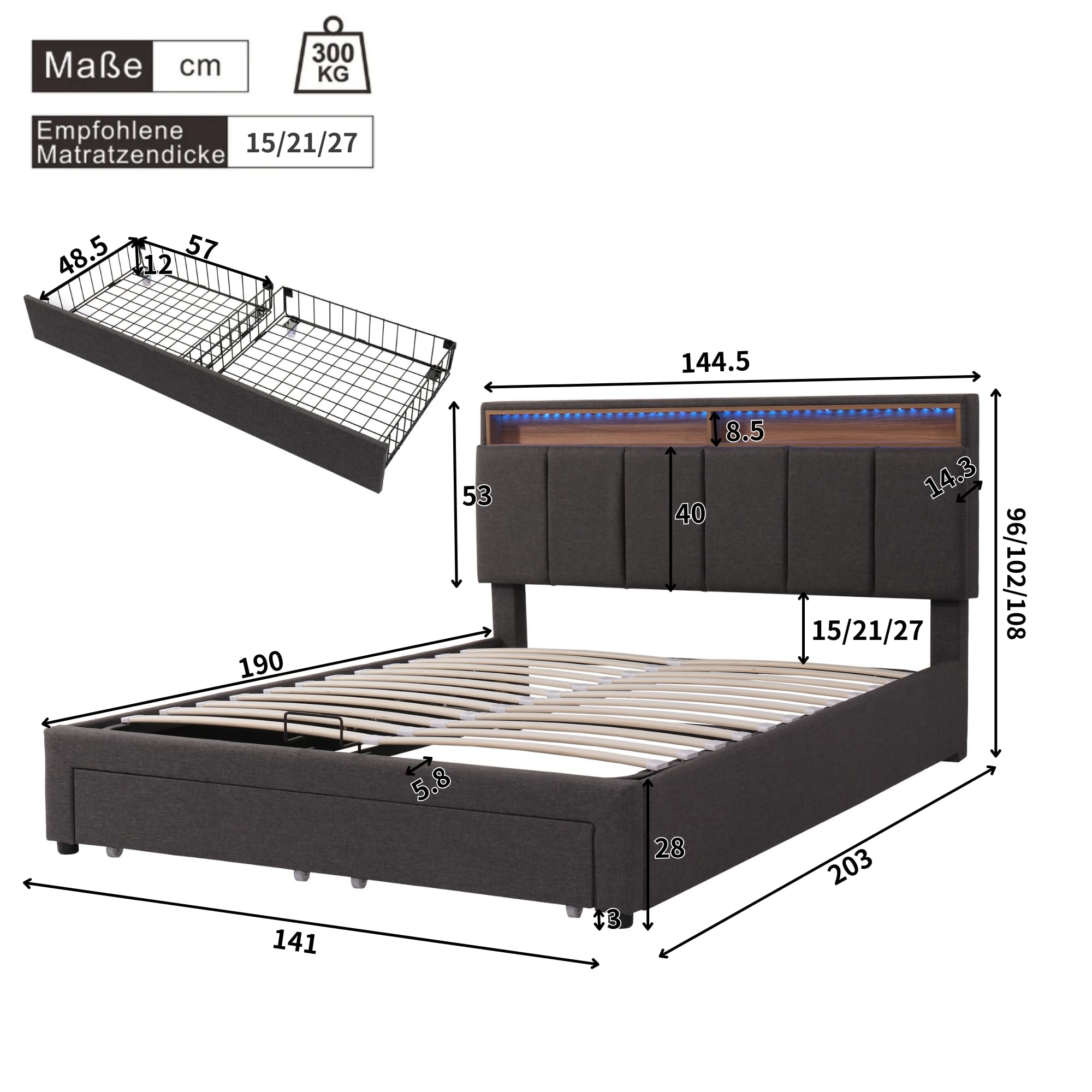 Cama Tapizada de 140x190 cm con LED y 2 Cajones, Estructura de Cama Doble con Soporte de Láminas y Almacenamiento Hidráulica, Cabecero con Almacenaje, Lino, Gris, Sin Colchon