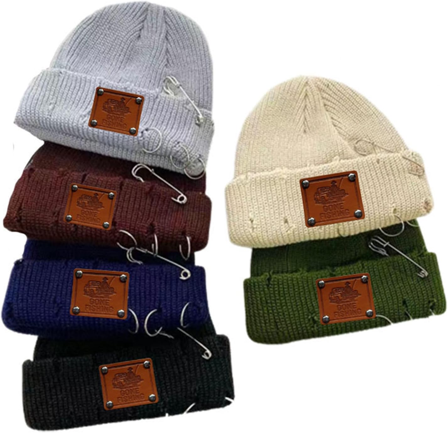 Mens Winter Skullies Beanie with Leather Label Gone Fishing Cuff Knit Hat Cold Weather Warm Cap Outdoor Slotty Cap image 5