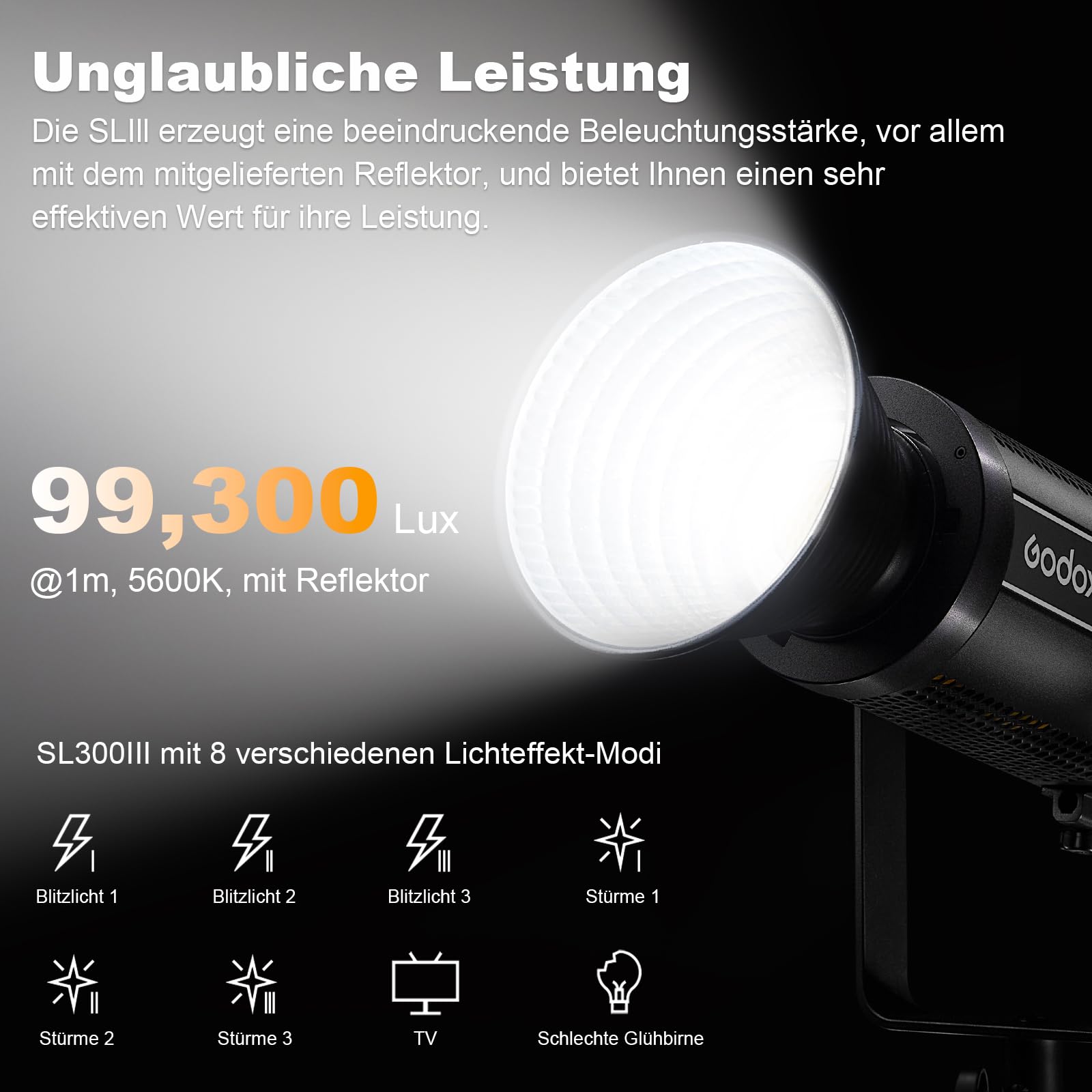Godox SL300III Silenciar con Toque Sistema X inalámbrico 2.4G Multi-Efectos de luz FX Montaje Bowens Fotográfica Regulable 5600K±300K Soporte para el Control de App Brillo