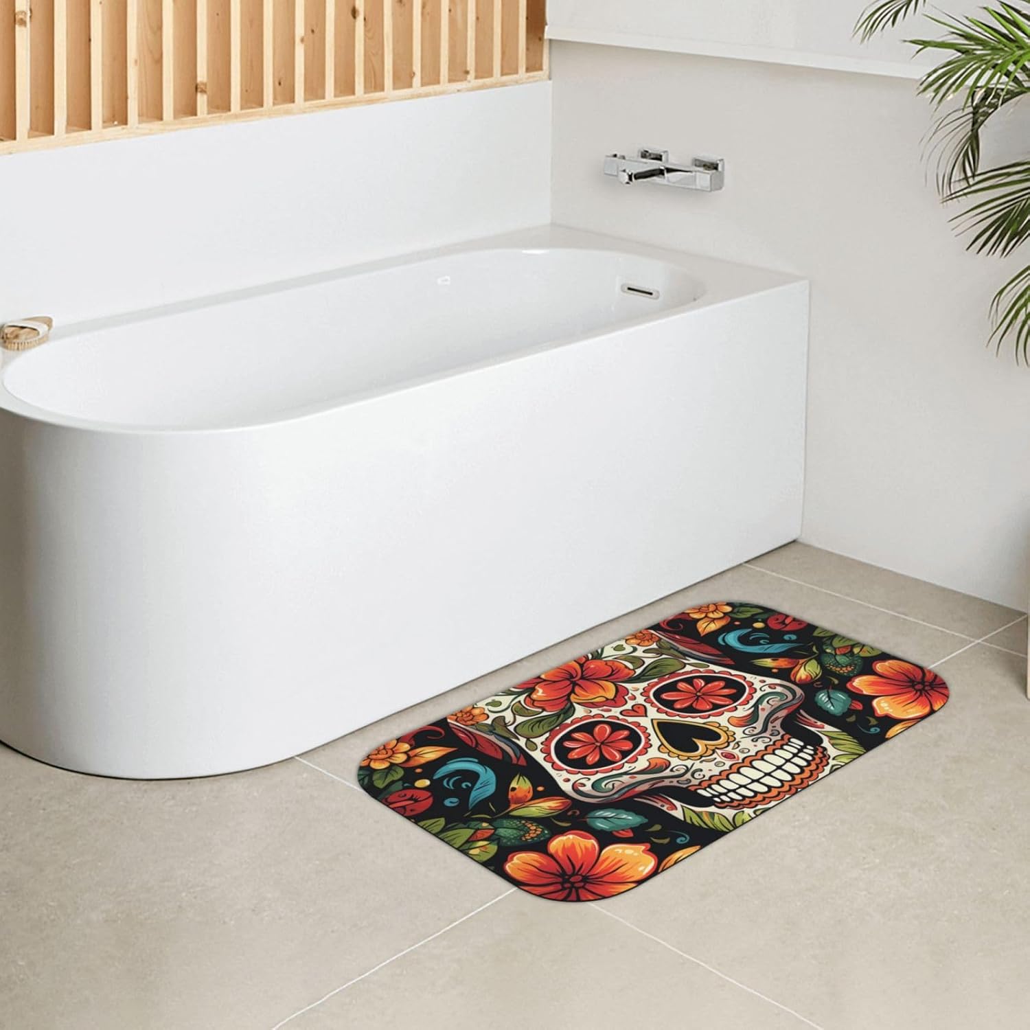 Stone Bath Mats Colorful Sugar Skull Diatomaceous Earth Bath Mat Super Absorbent Bathroom Floor Mat Quick Drying Diatomite Shower Mat for Shower Bathtub Bathroom Accessory 19.7x31.5in