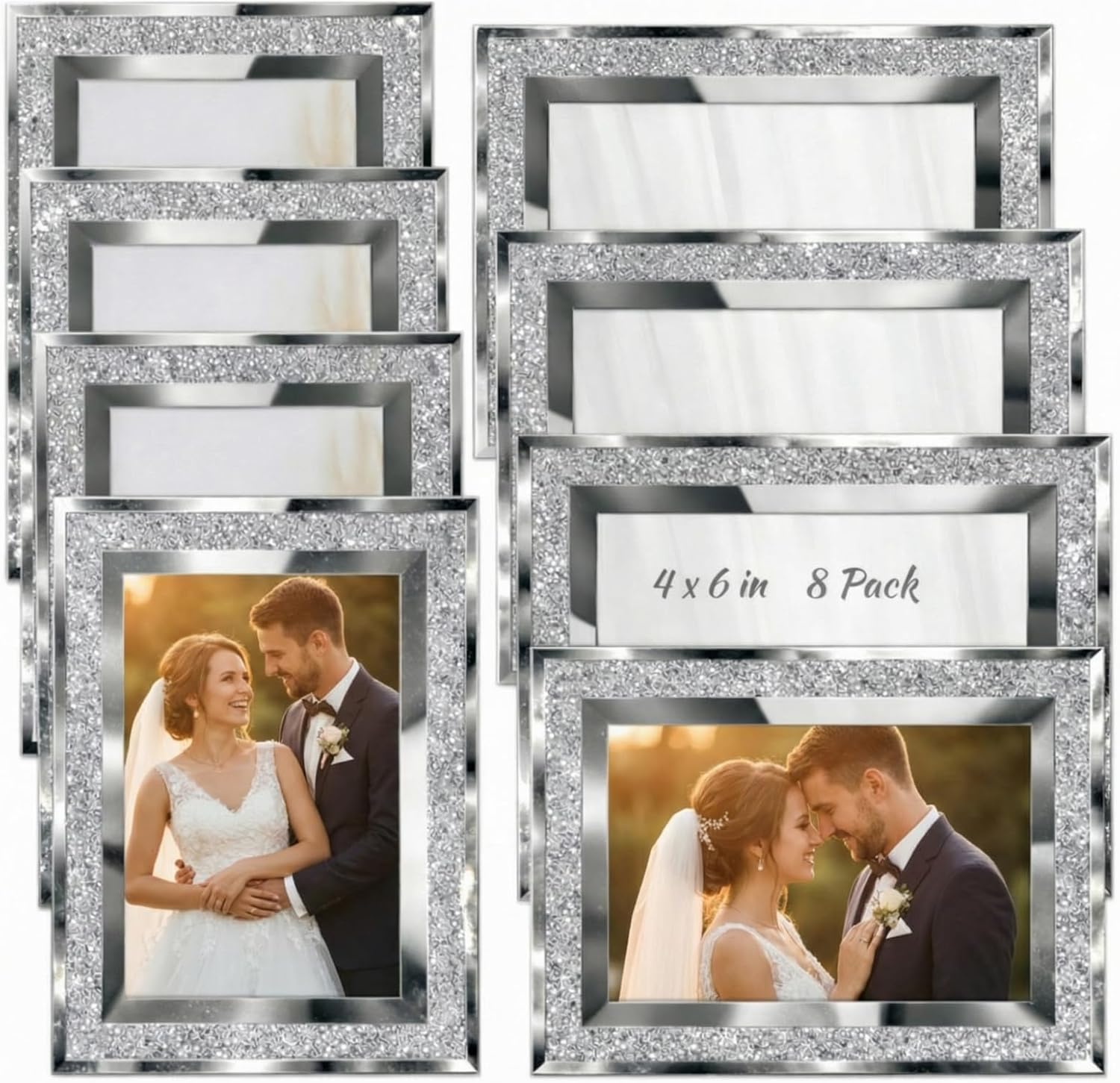 Qunclay 8 Pcs 4x6 Silver Picture Frames, Glitter Glass Photo Frames for Tabletop Display, Small Decorative Bulk for Wedding, Home Decor Gifts