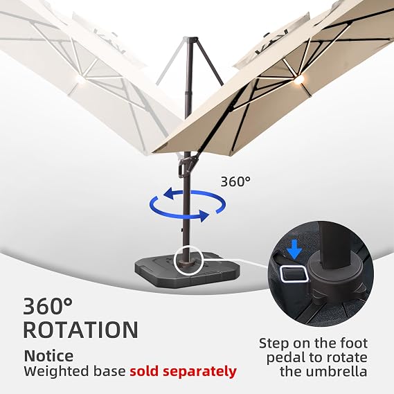 9 X 12 FT Cantilever Outdoor Patio Umbrella with Led Lights Heavy Duty Windproof Double Top Large Rectangle Offset Umbrellas with 360-degree Rotation for Garden Pool Deck Backyard, Beige