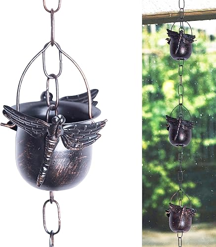 DUSVALLY Cadena de lluvia, cadena de lluvia de libélula de metal de 8.5 pies, repuesto funcional y decorativo para canalones, desviación de agua y