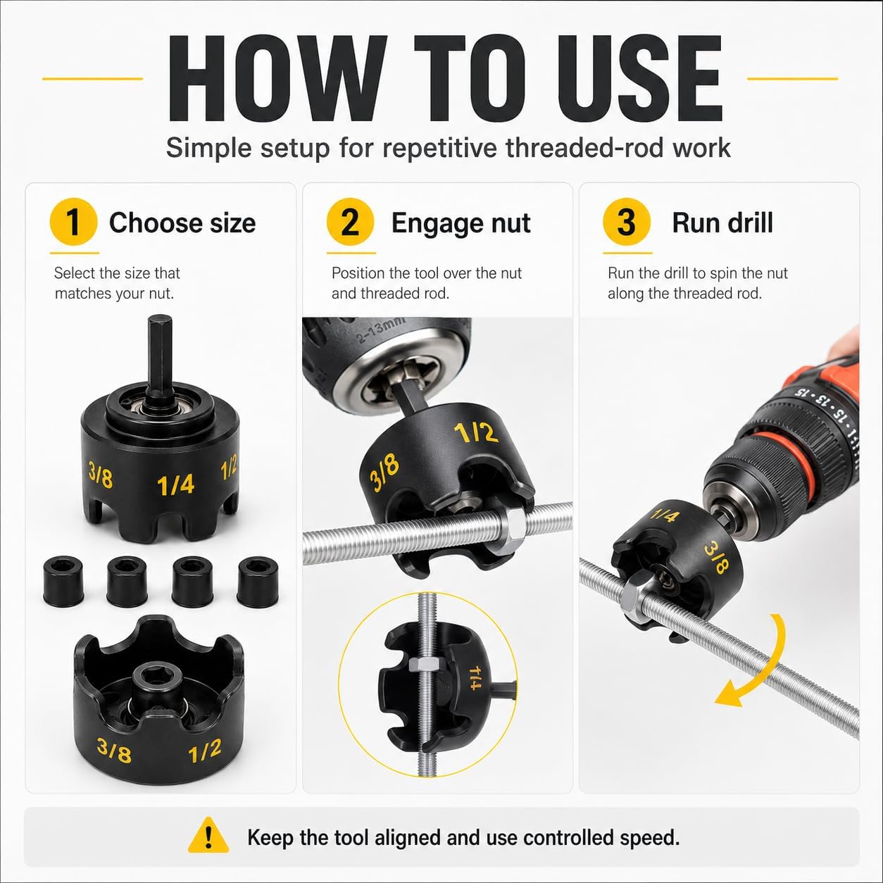 Threaded Rod Nut Runner, 3-in-1 Drill Attachment, 4 Grip Inserts
