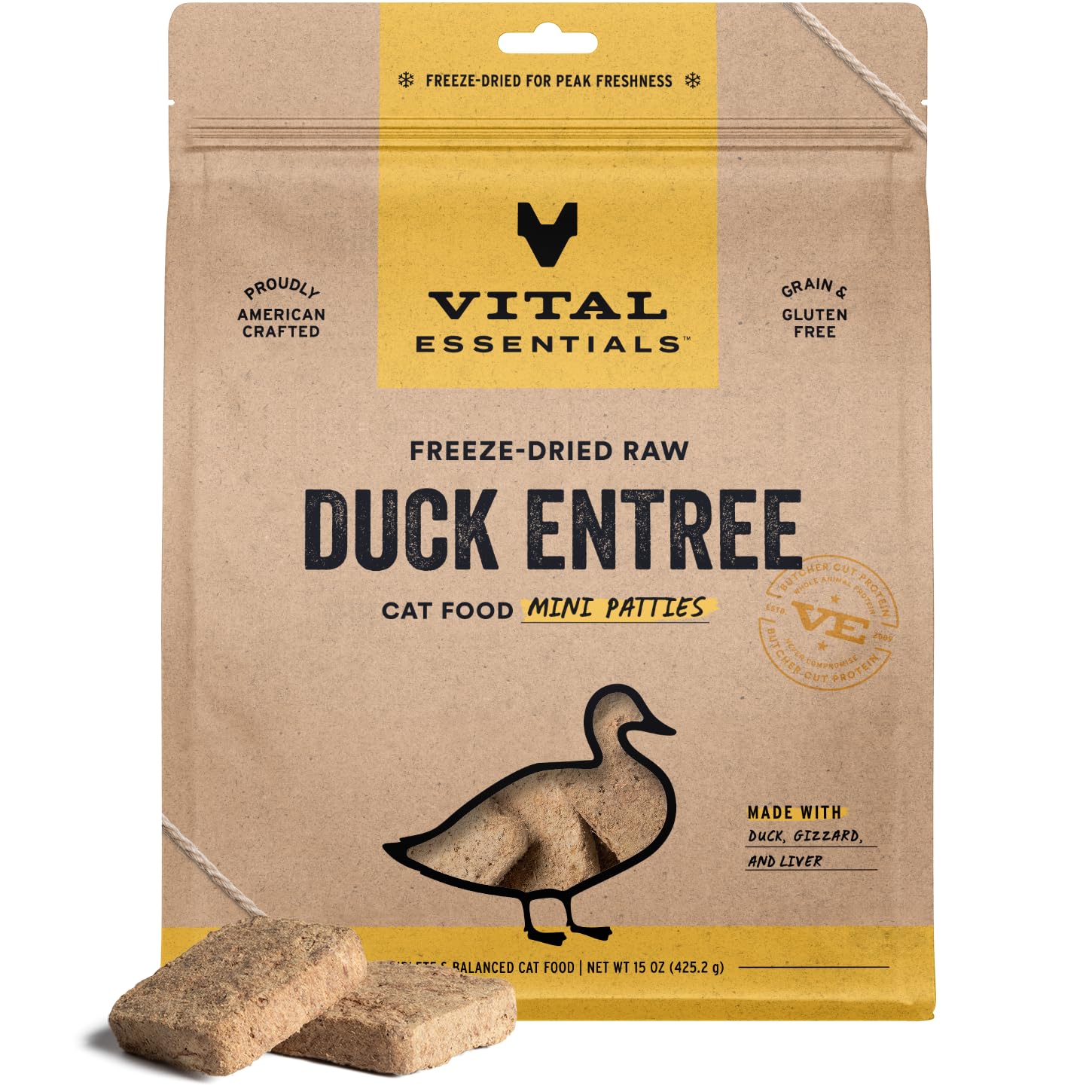 Vital Essentials Freeze-Dried Raw Cat Food, Duck Mini Patties, 15 oz
