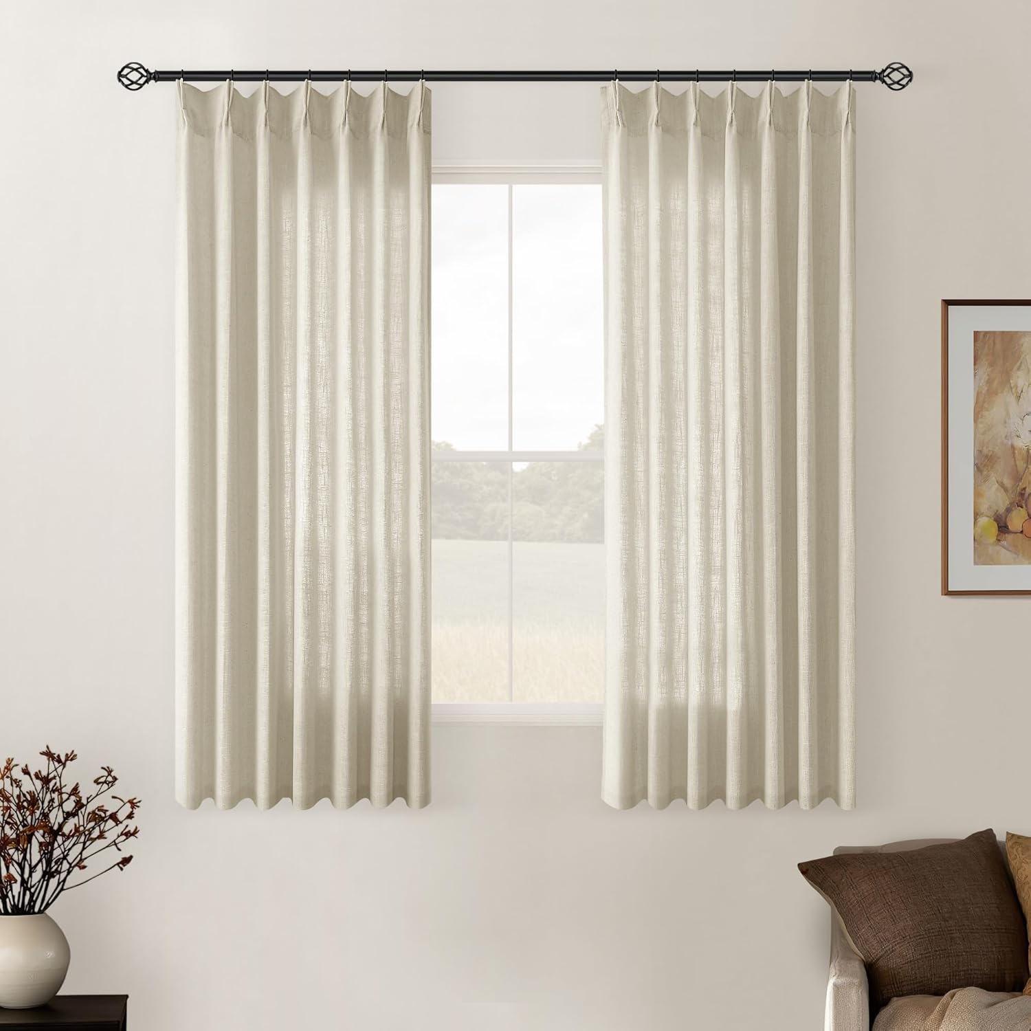 Linen Pinch Pleated Linen Curtains 2 Panels for Living Room Bedroom Memory Training Shaped Semi Sheer Pleat Drapes with Hooks Rings Light Filtering Window Curtain 40x45 Linen 40"W x 45"L (Pack of 2)