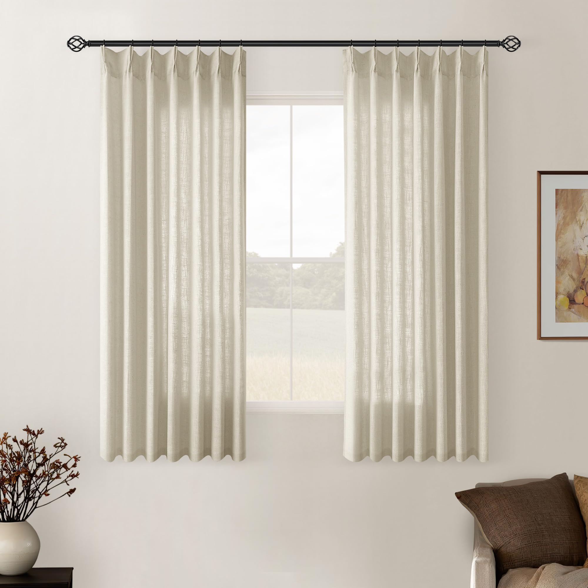 Linen Beige Pinch Pleated Semi Sheer Short Curtains 45 Inch Length 2 Panels