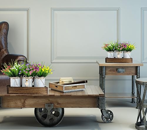 Miniatura 6 de CALAVAK Centro de mesa decorativo de madera con 3 macetas de metal artificiales para el aliento del bebé, plantas de gypsophila, decoración rústica